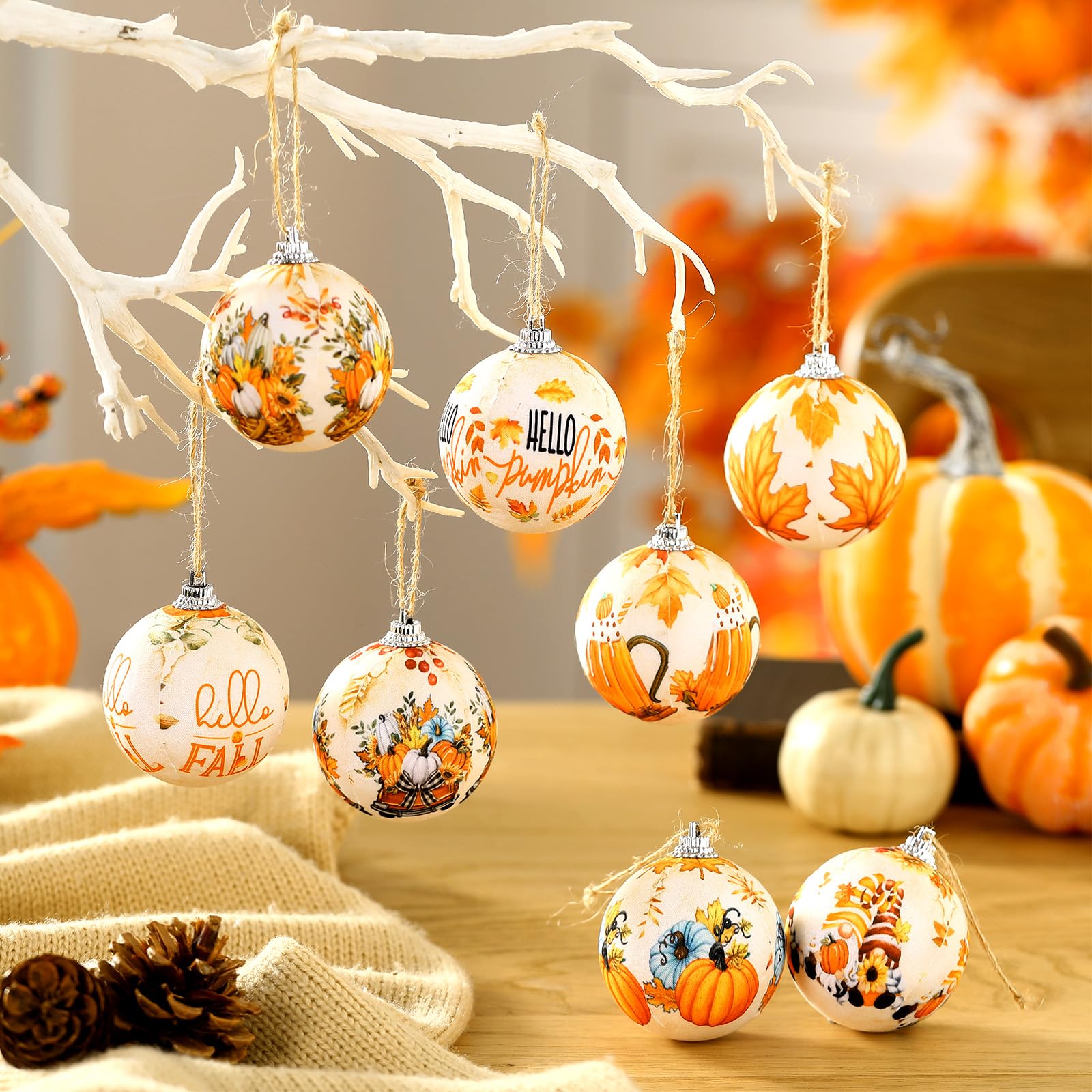 Outus 16 Pcs Thanksgiving Ornaments Ball for Tree Fall Autumn Ball Decorations Pumpkin Maple Leaf Hanging Ornament for Fall Harv