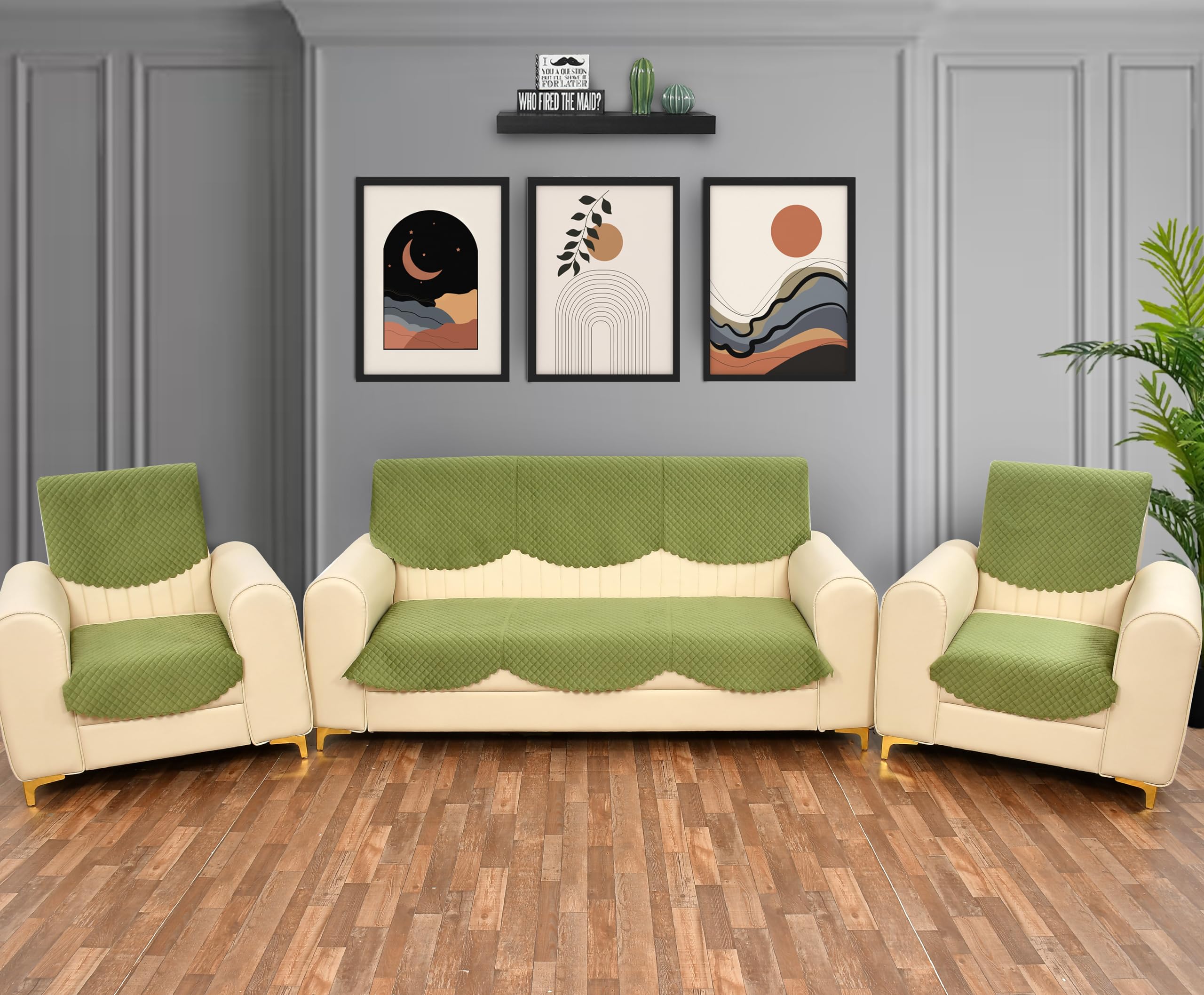 Yellow Weaves Velvet 5 Seater Self Design Quilted Sofa Cover And Chair Cover, Seat & Back Cover, Color - Pea Green