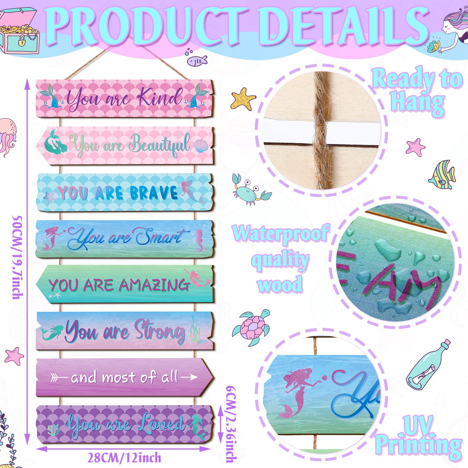 Qunclay Inspirational Girl Room Decor Aesthetic Art Wall Hanging Sign Inspiring Colorful Rainbow Wooden Decoration for Kids Teens Toddler Boy Baby Bedroom Nursery Dorm Decor  6-12 Years old (Mermaid)