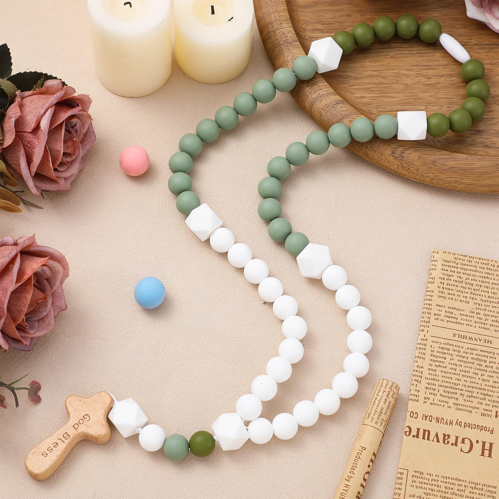 Misdary Baby Rosary Baptism Gift Silicone God Bless Kids First Rosary with Cross 1st Year Baptism Party Supply for Baby Shower C
