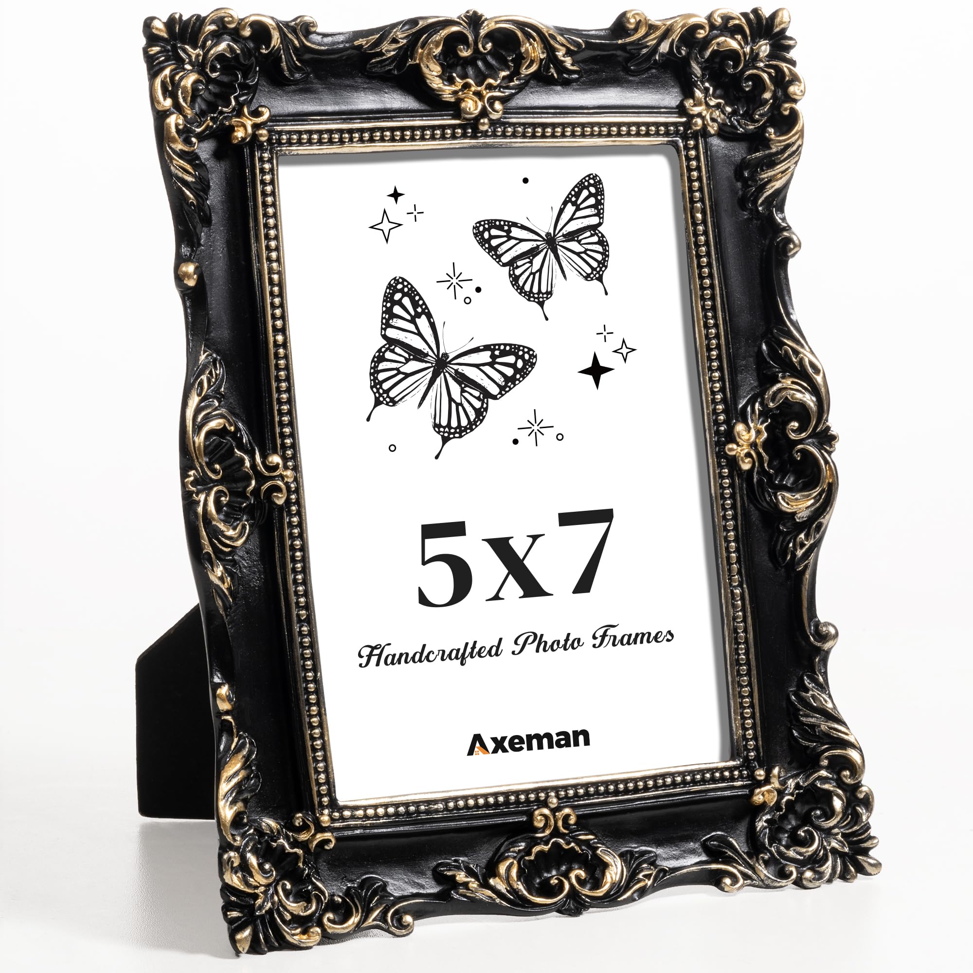 Axeman 5x7 Vintage Picture Frame, Ornate Textured Hand-Crafted Resin Antique Photo Frame with HD-Tempered Glass Tabletop & Wall 