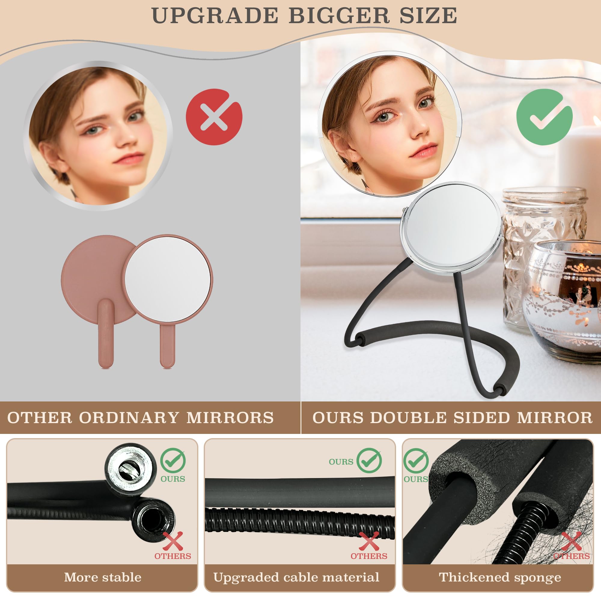 XWZMR Double Sided Adjustable Mirror 360° - 25.9"x6.7", 5X Magnification, Flexible Neck, Alloy Steel, White