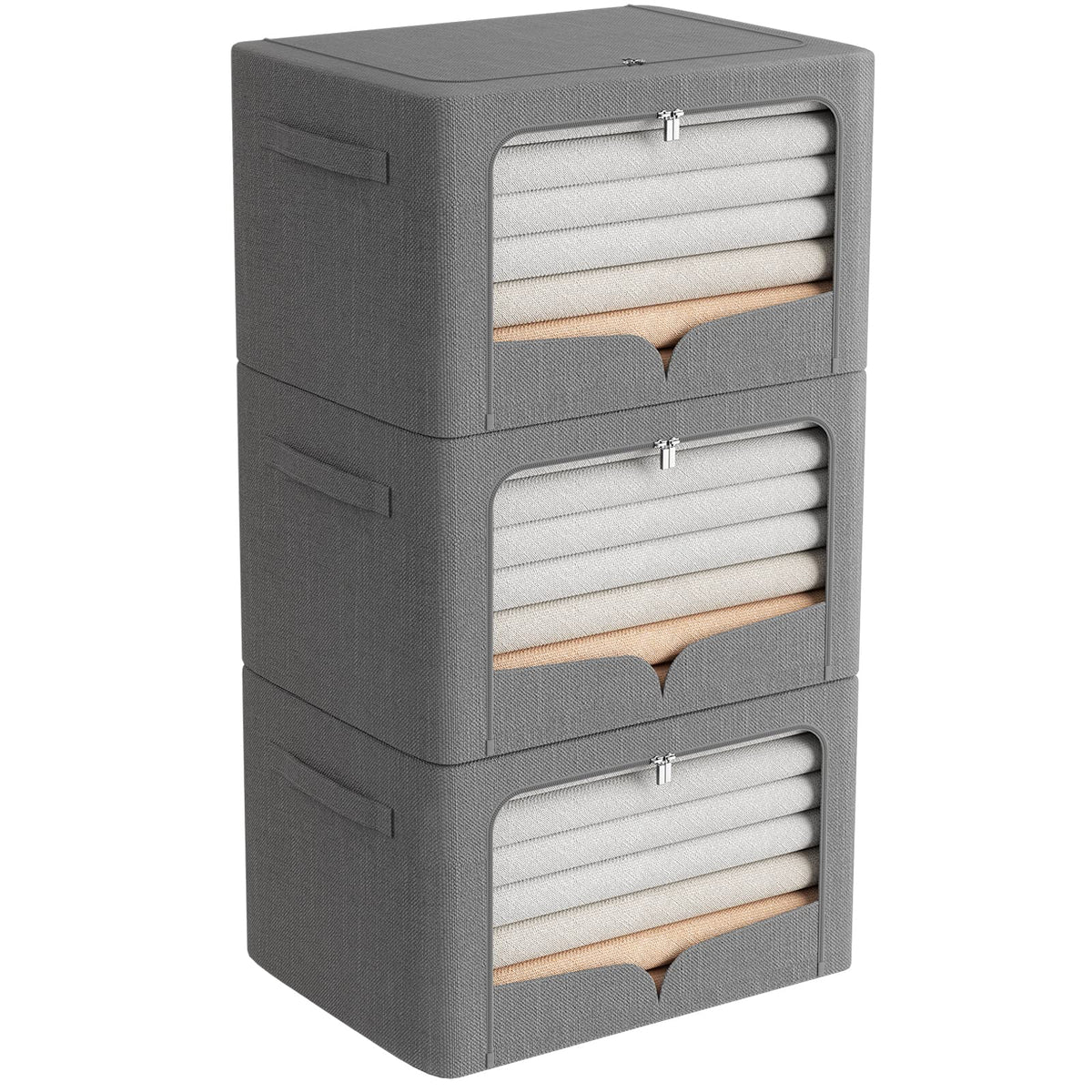 3 Pack Extra Large Clothes Storage Bins - Foldable Metal Frame Storage Box - Stackable Linen Fabric Organizer Set with Carrying