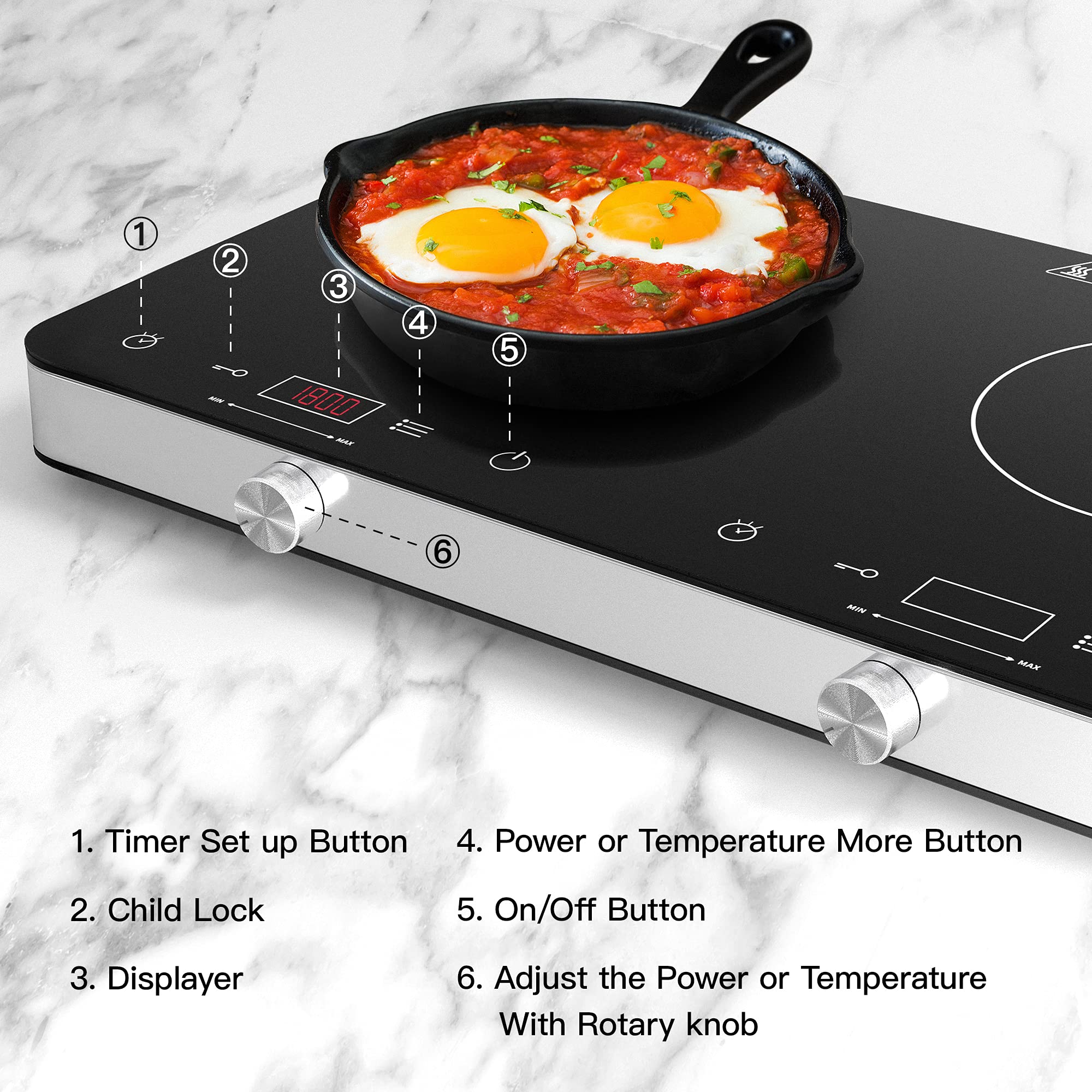 Cooktron Double Induction Cooktop Burner, 1800W 2 Burner Induction Cooker Cooktop, 10 Temperature 9 Power Settings Portable Elec