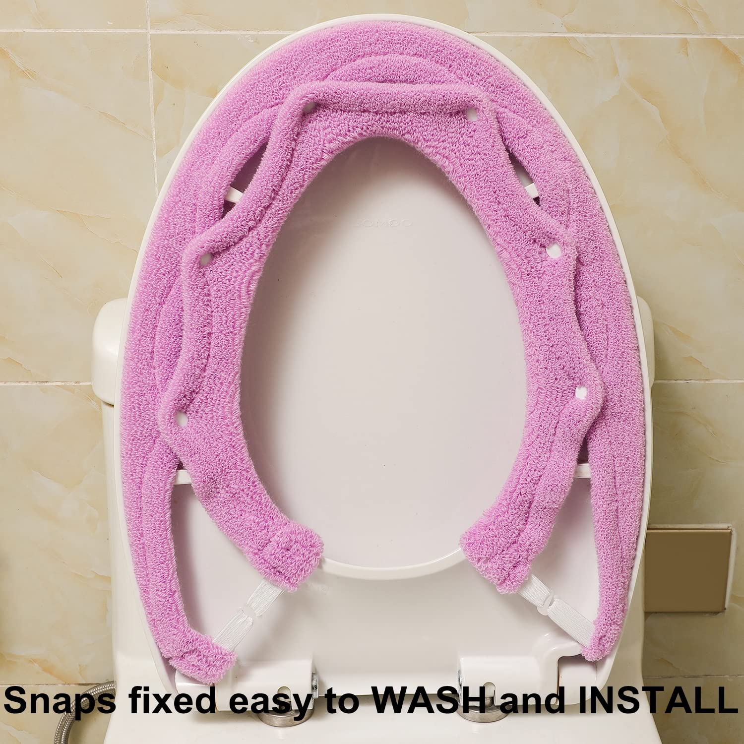Toilet Seat Cover Bathroom Soft Thicker Warmer with Snaps Fixed Stretchable Washable Fiber Cloth Toilet Seat Covers Pads Easy Installation& Cleaning (purple)