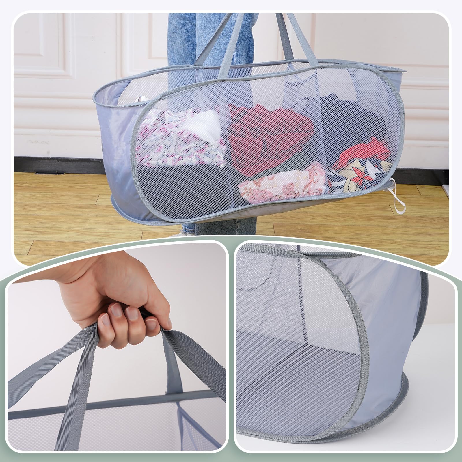 2 Pack Pop Up Hampers For Laundry, 3 Compartments Mesh Folding Laundry Basket Collapsible, Mesh Laundry Hamper For Laundry Room,