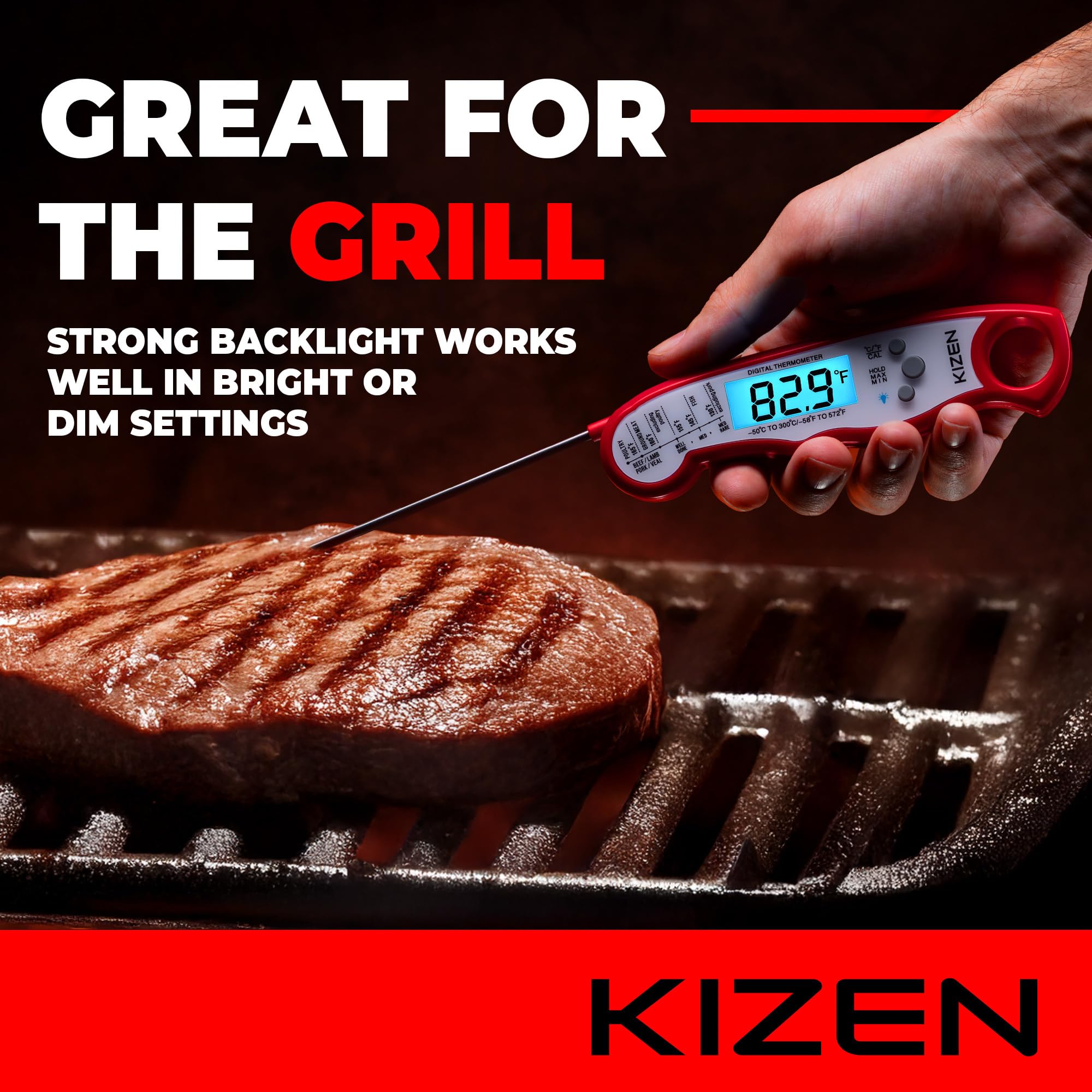 KIZEN Instant Read Meat Thermometer Digital - Food Thermometer for Cooking, Grill, Oven, BBQ - IP67 Rated Waterproof - Large Bac