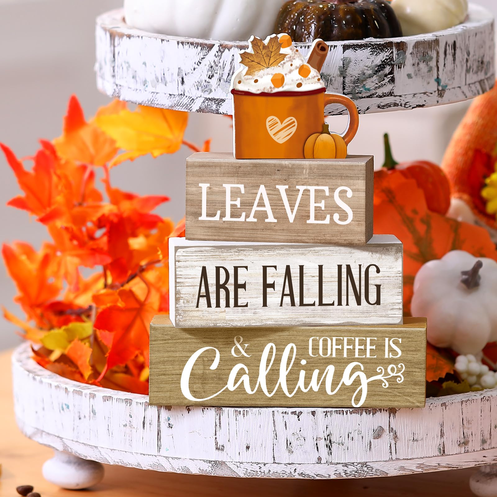 Lineshading 4 Pcs Fall Decorations for Home Thanksgiving Tiered Tray Decor Fall Tabletop Decor Thanksgiving Centerpiece Rustic W