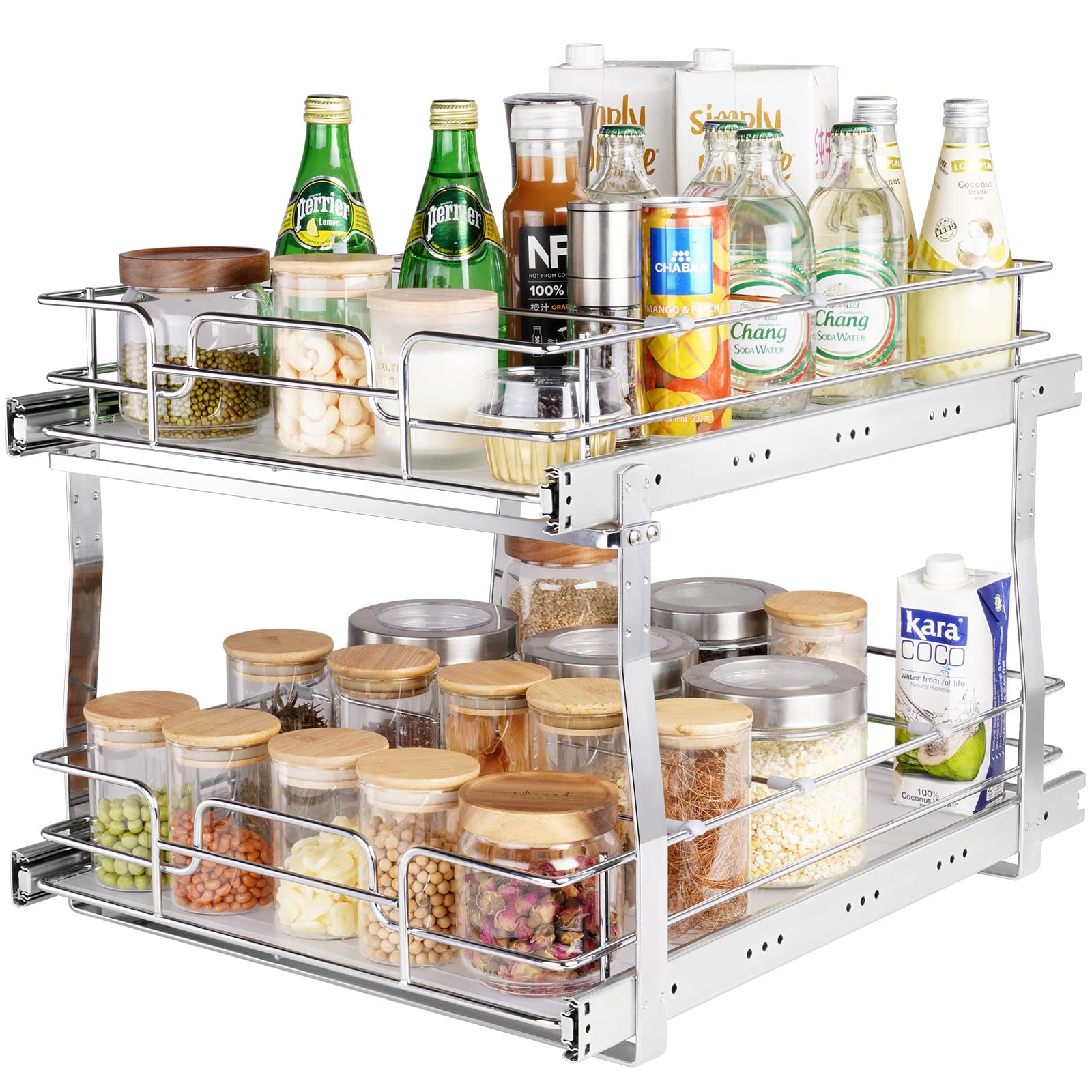 Vevor 2 Tier 16''W X 21''D Pull Out Cabinet Organizer, Heavy Duty Slide Out Pantry Shelves, Chrome-Plated Steel Roll Out Drawers