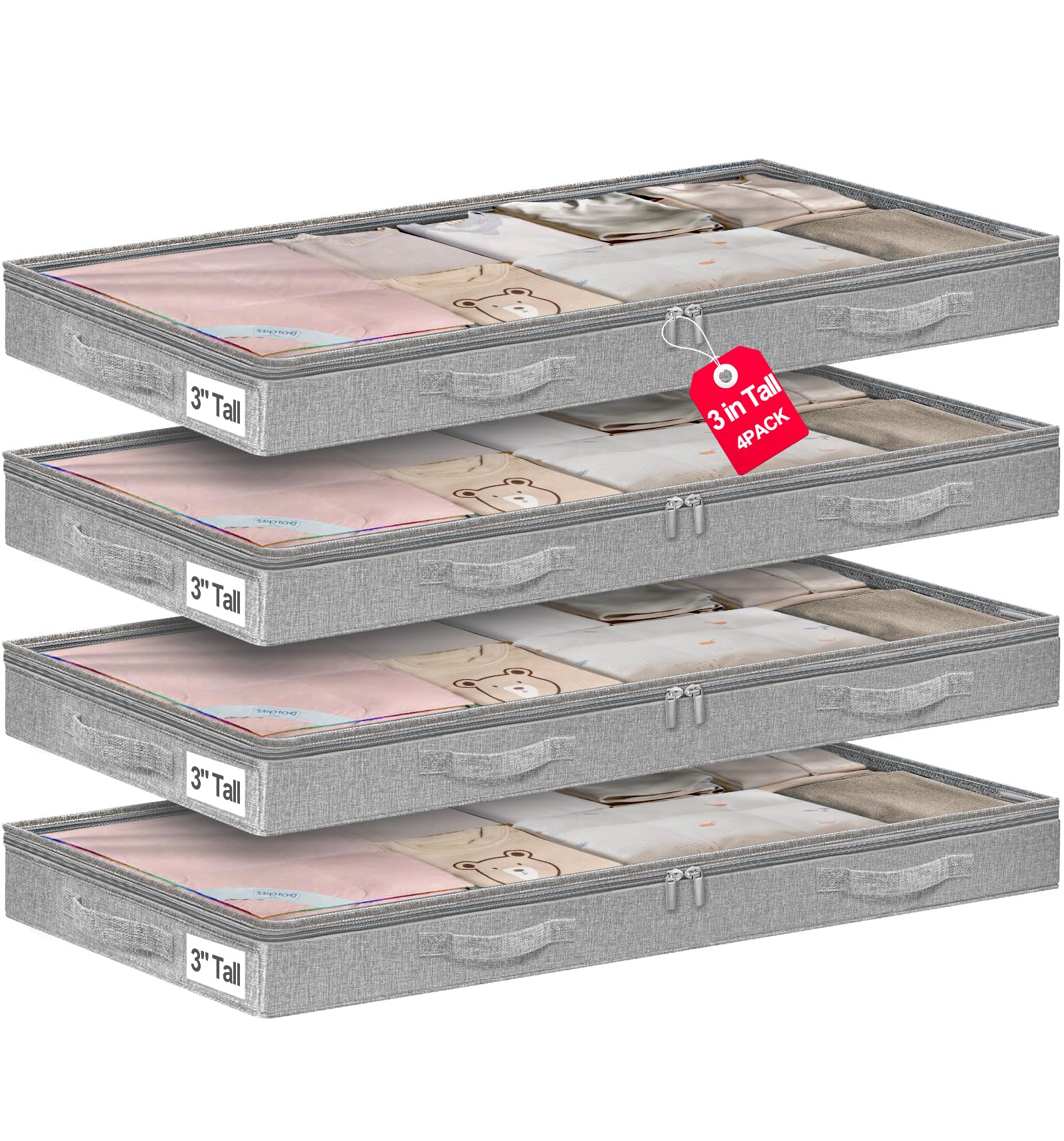 punemi 3-Inch Low Profile Under Bed Storage Containers,No-Structure, Soft Foldable Zippered Underbed Cloth Blanket Storage bins 