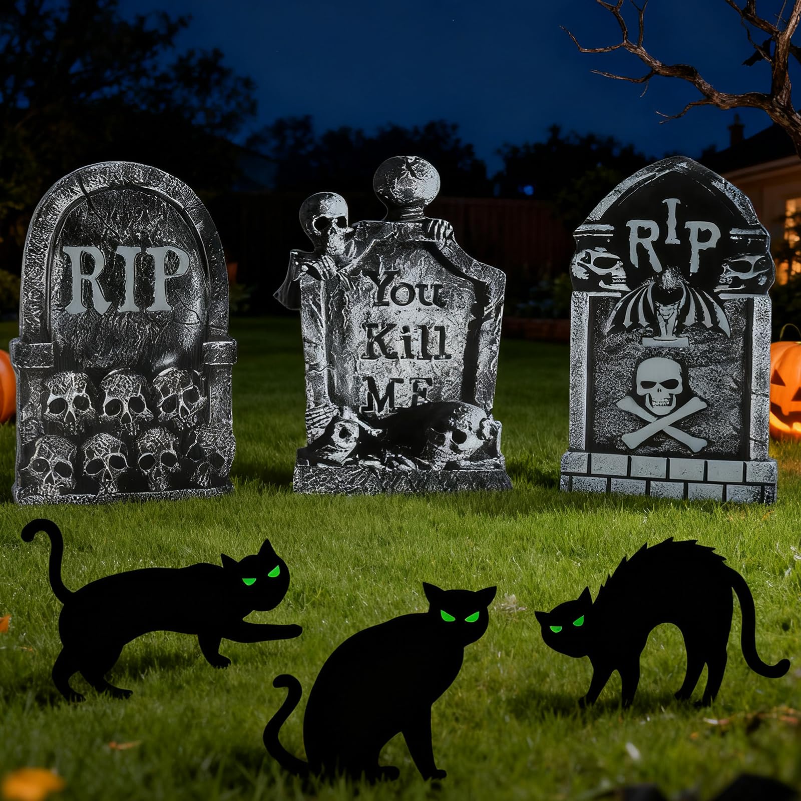 Fangoo 3 Pcs RIP Halloween Tombstone and 3Pcs Black Cat Yard Signs Halloween Gravestones Decorations Terrifying Halloween Outdoo