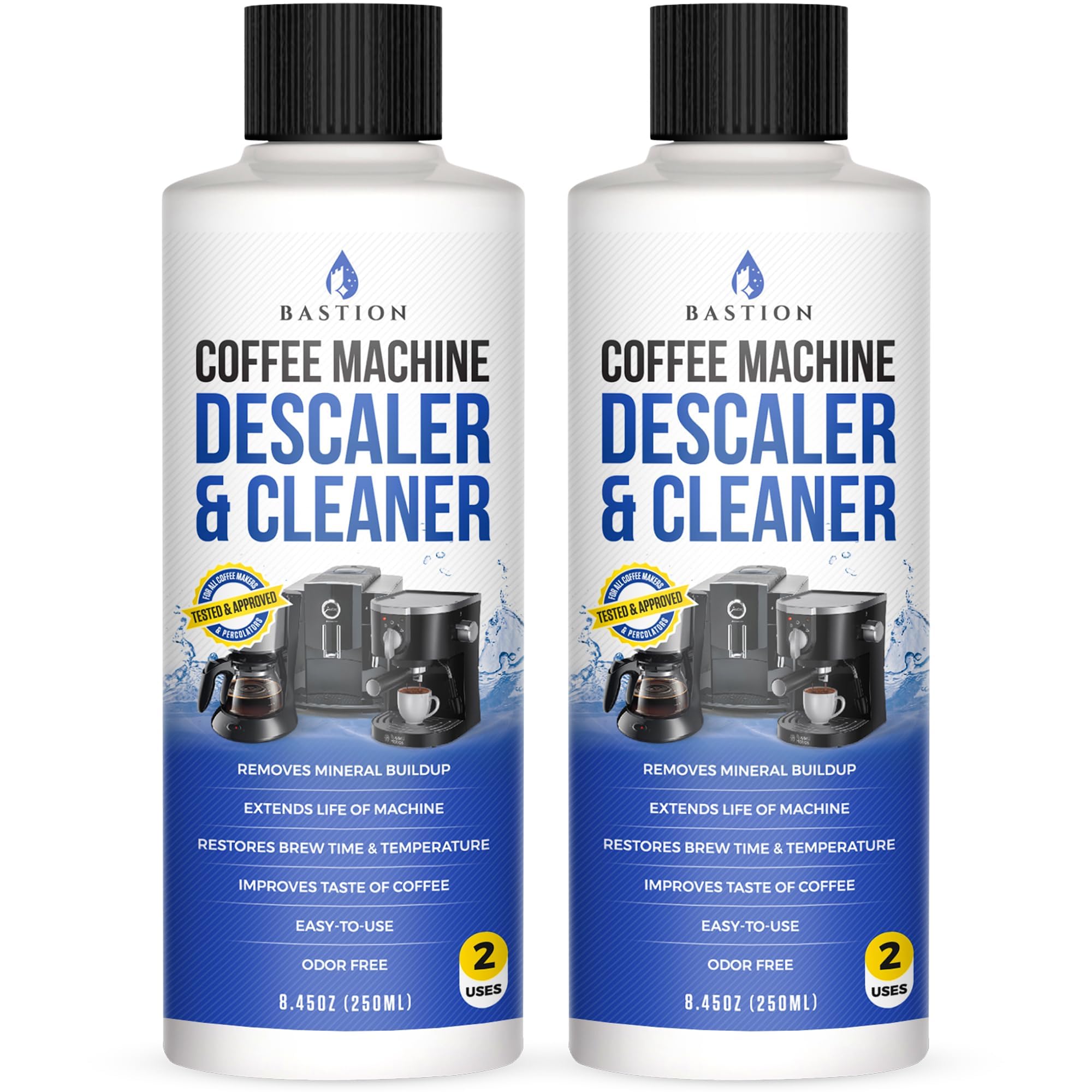 Bastion Coffee Machine Descaler & Cleaner - 4 Uses. (2 Bottles) Universal Descaling Solution Compatible With Keurig, Nespresso,