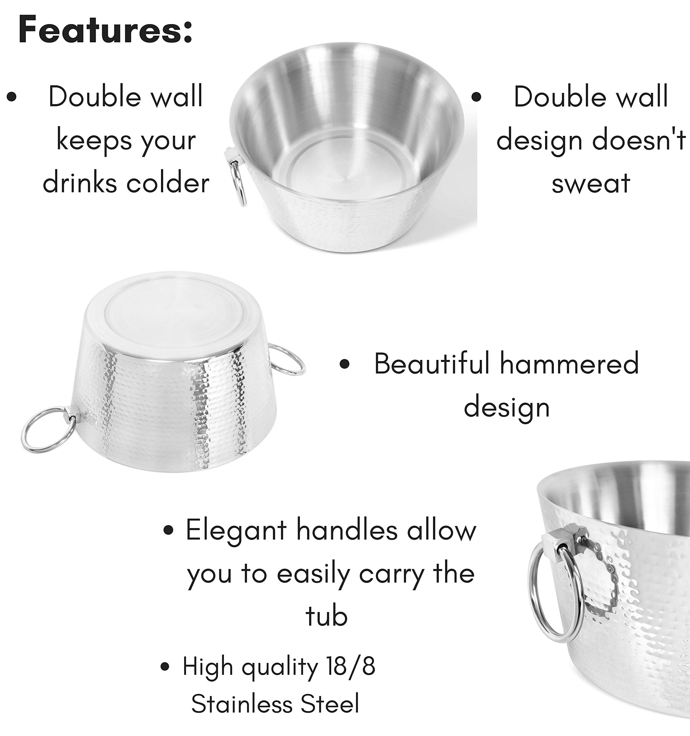 Birdrock Home Hammered Double Wall Round Beverage Tub - 3 Gallons Stainless Steel - Ice Bucket - Metal Drink Cooler - House Part