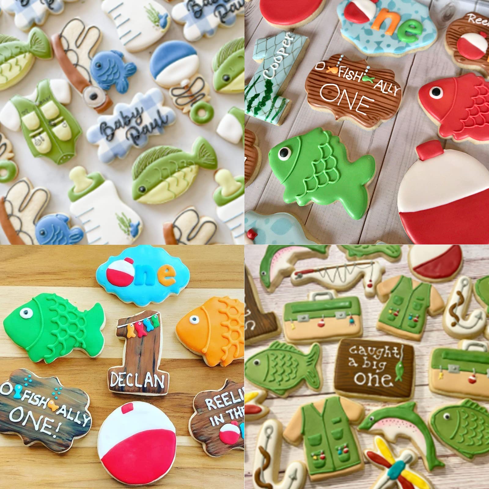 Gone Fishing Cookie Cutter Set With Stainless Steel Sports Jersey, Fish, Candy Cane, Fishing Bobber For Fisherman Fishing Themed