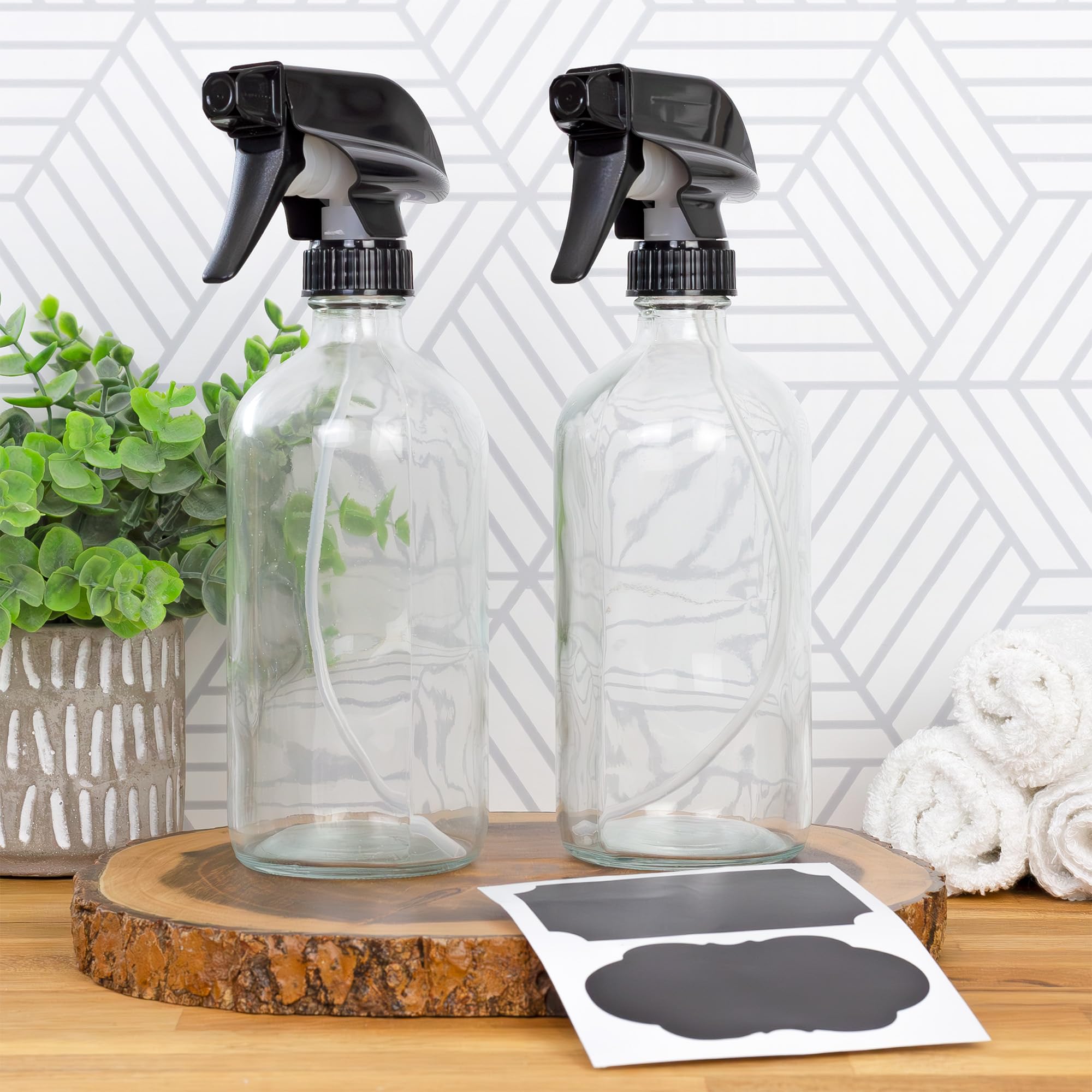 Cornucopia 16Oz Clear Glass Spray Bottles W/Chalk Labels (2 Pack); Boston Round Bottles With 3-Setting Adjustable Heavy Duty Spr
