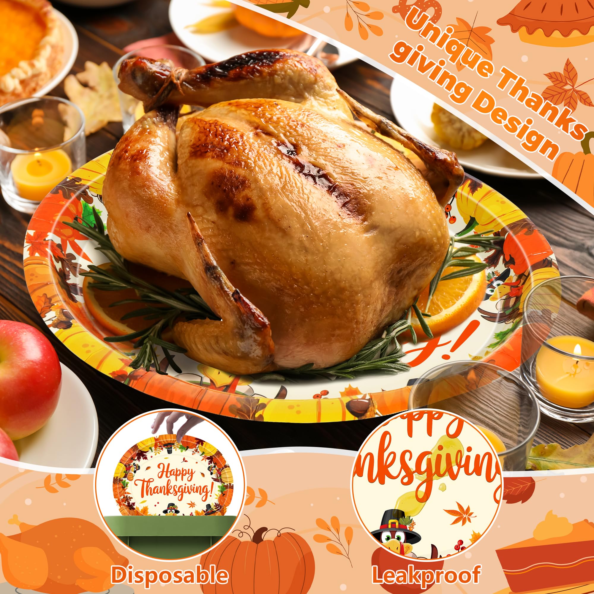 QZYL 50 Pcs Oval Thanksgiving Plates, 12.2 x 10.2 Inches Pumpkin Turkey Tableware Set, Disposable Plates Autumn Dinnerware, Fall