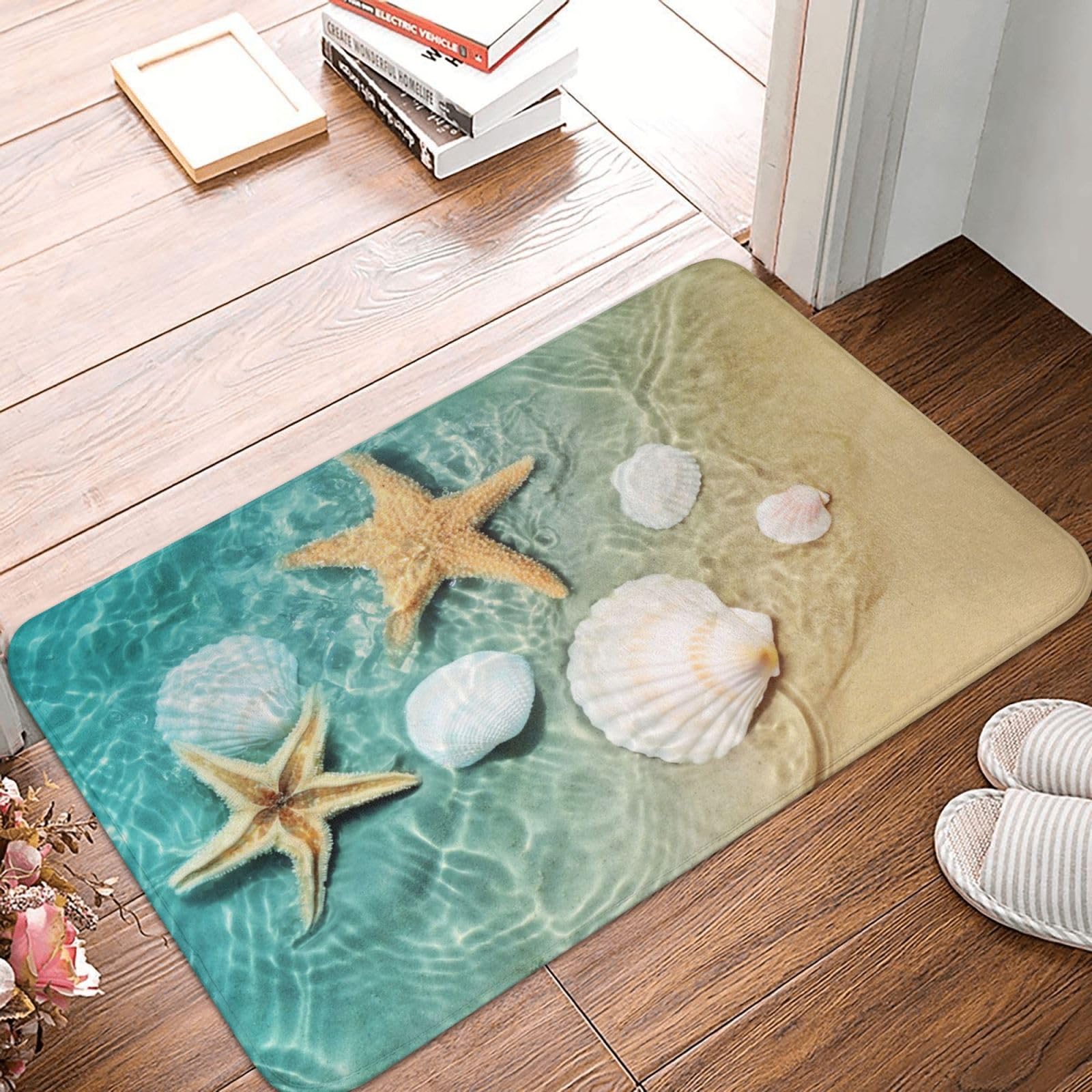 Nautical Coastal Bath Mats For Bathroom, Soft Absorbent Starfish Seashell Coral Beach Bath Rug Non-Slip Floor Rug Carpets For Ki