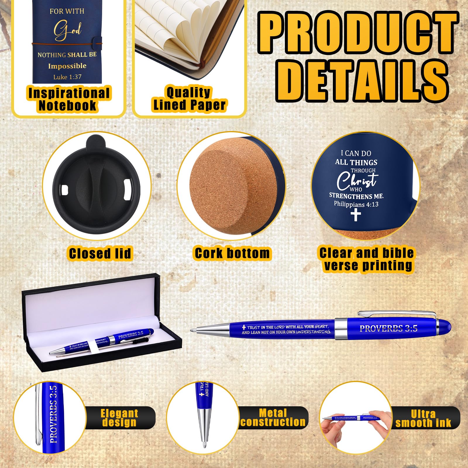 Shellwei 6 Pcs Christian Gifts for Men 13.5 oz Mugs with Cork Bottom Leather Bible Notebook Religious Metal Bookmark Pen with Bo