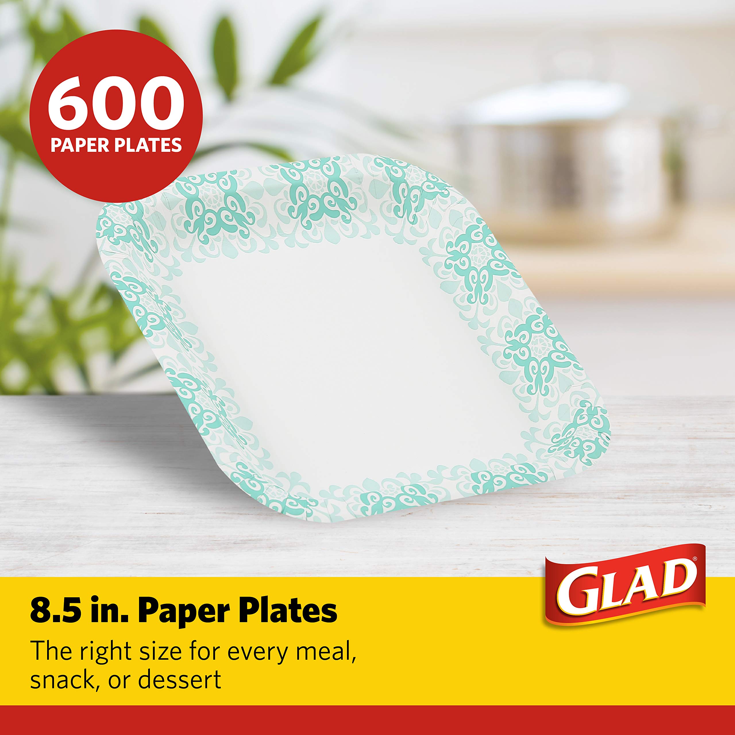 Glad Disposable Square Paper Plates With Aqua Victorian Design, 8.5 Inch Paper Plates | Heavy Duty Soak Proof Cut-Proof Paper Pl