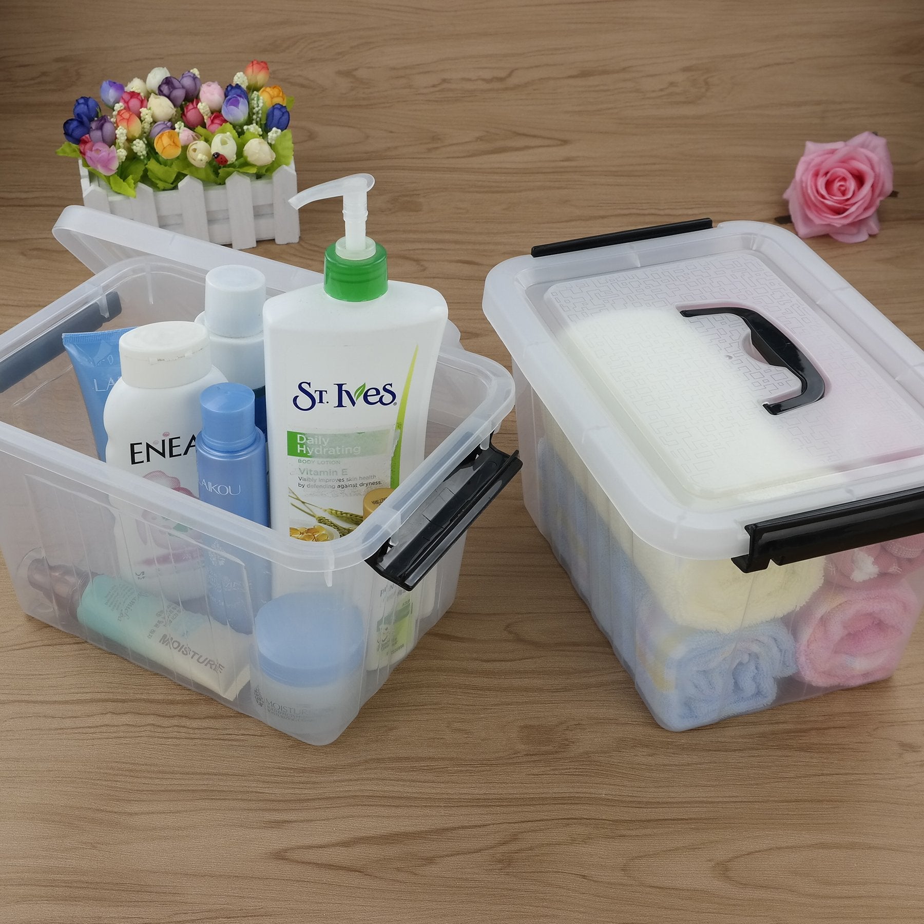 Kekow 6 L Clear Storage Box, Plastic Storage Latch Box With Black Handle, 4-Pack