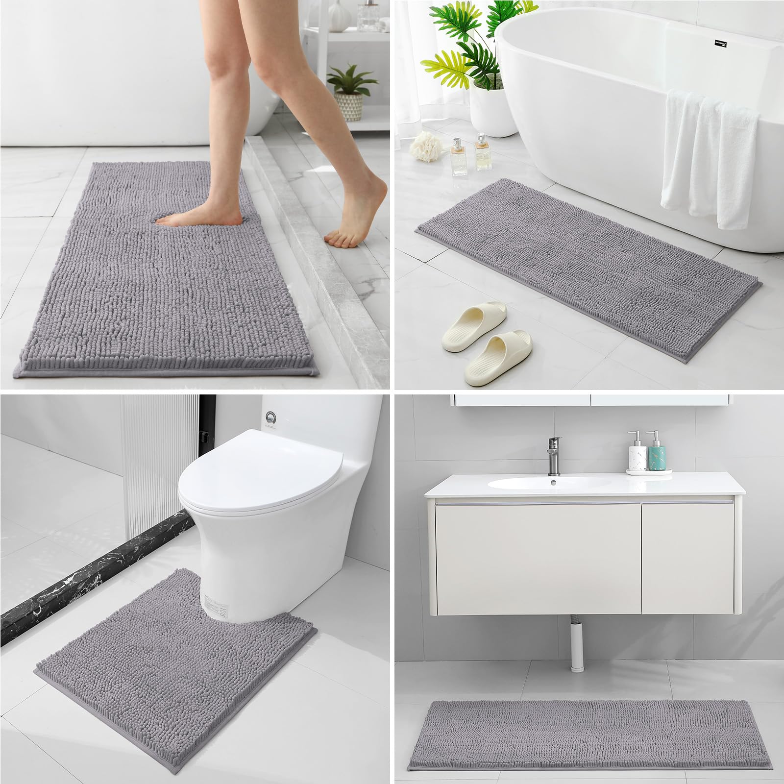 Homeideas 3 Pieces Bathroom Rugs, Extra Large Ultra Soft Non Slip Absorbent Chenille Toilet Bath Mat Set (Grey)