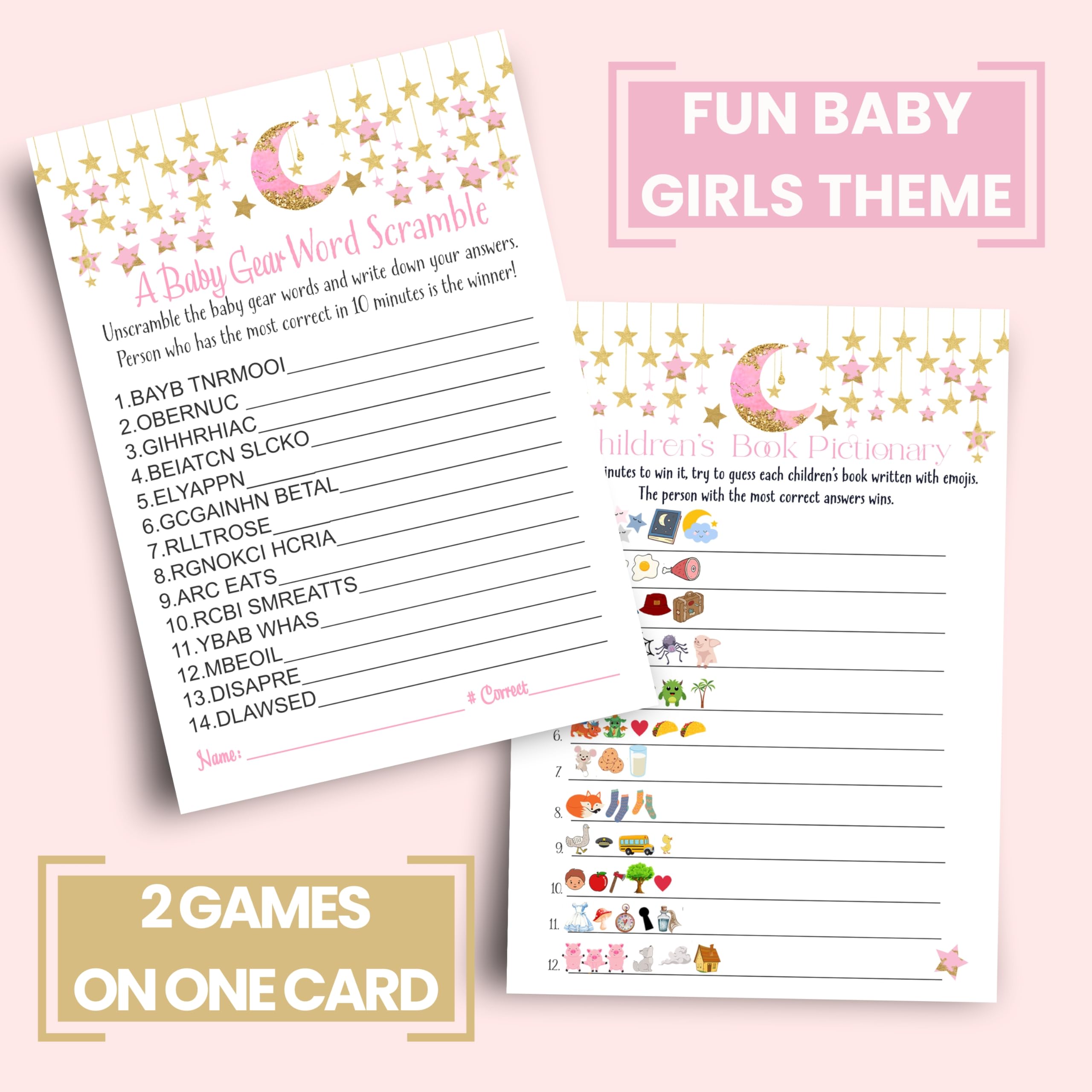 Paper Clever Party Twinkle Little Star Baby Shower Games For Girls - 25 Activities - Storybook Pictionary & Word Scramble - Pink