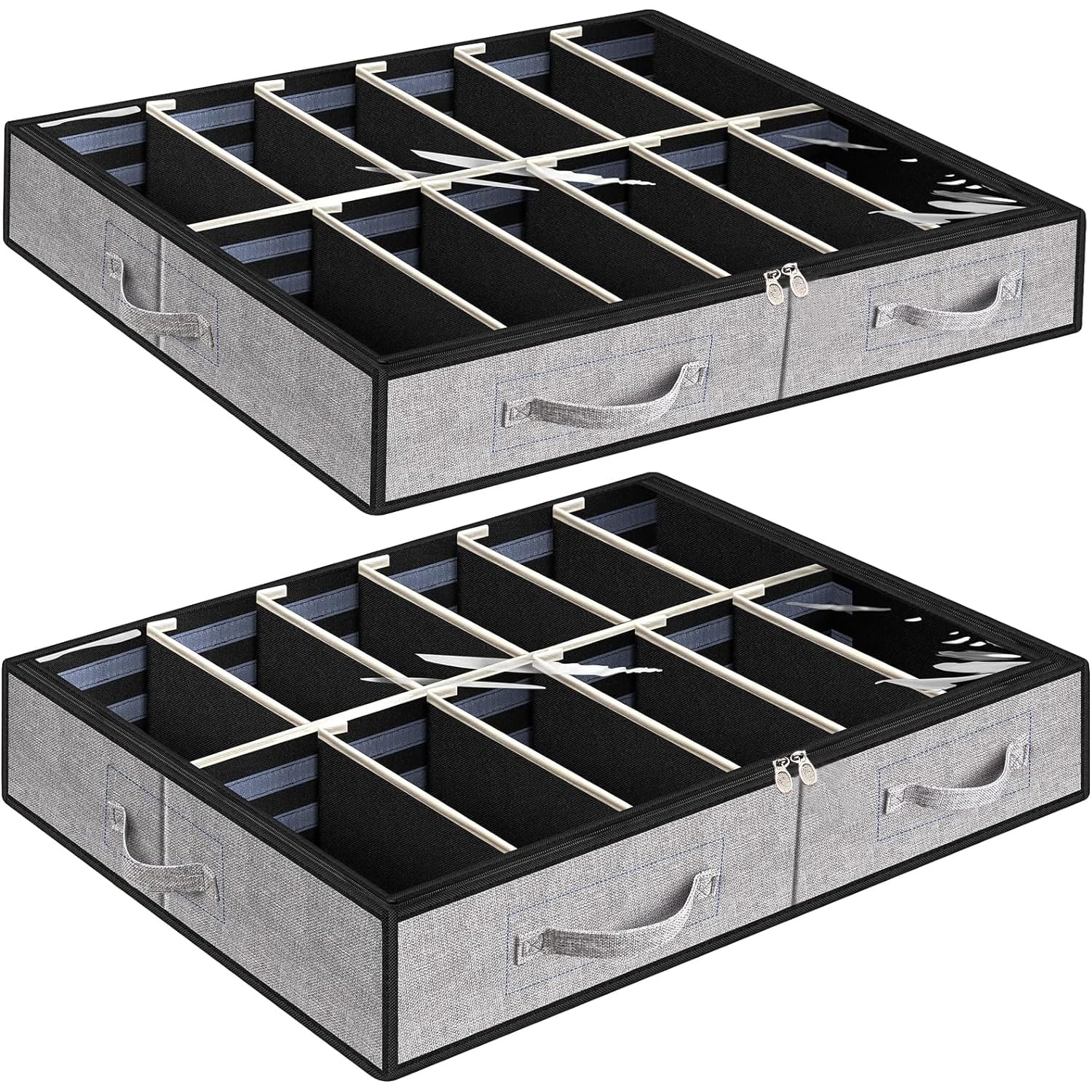 Anyoneer Under Bed Shoe Storage Organizer, Set of 2, Underbed Shoes Container with Adjustable Dividers, Fits 24 Pairs, Gray