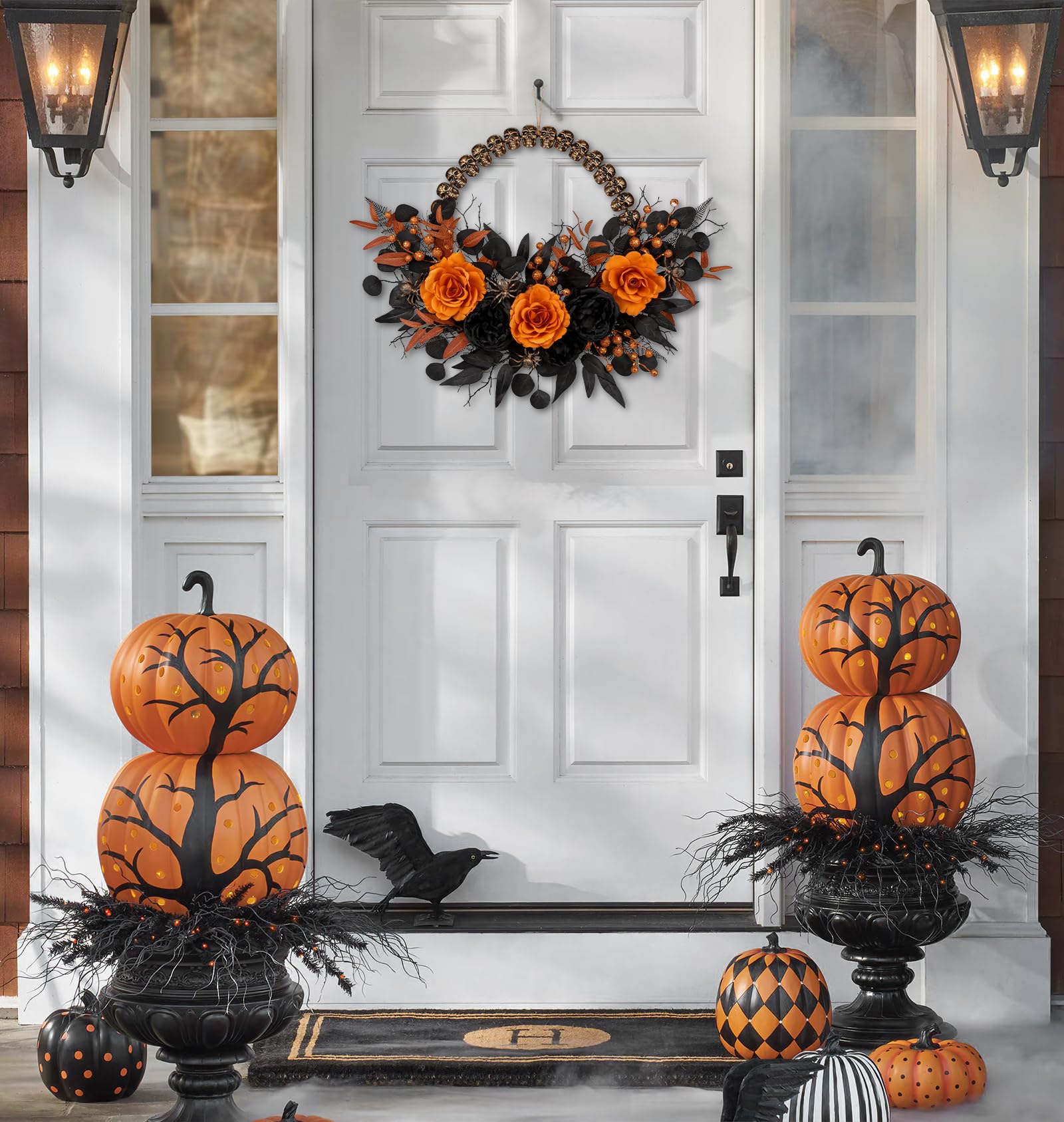 Halloween Wreath for Front Door 26 Black and Orange Peonies with Skull Base for Fall Autumn Indoor Window Door Thanksgiving Hall