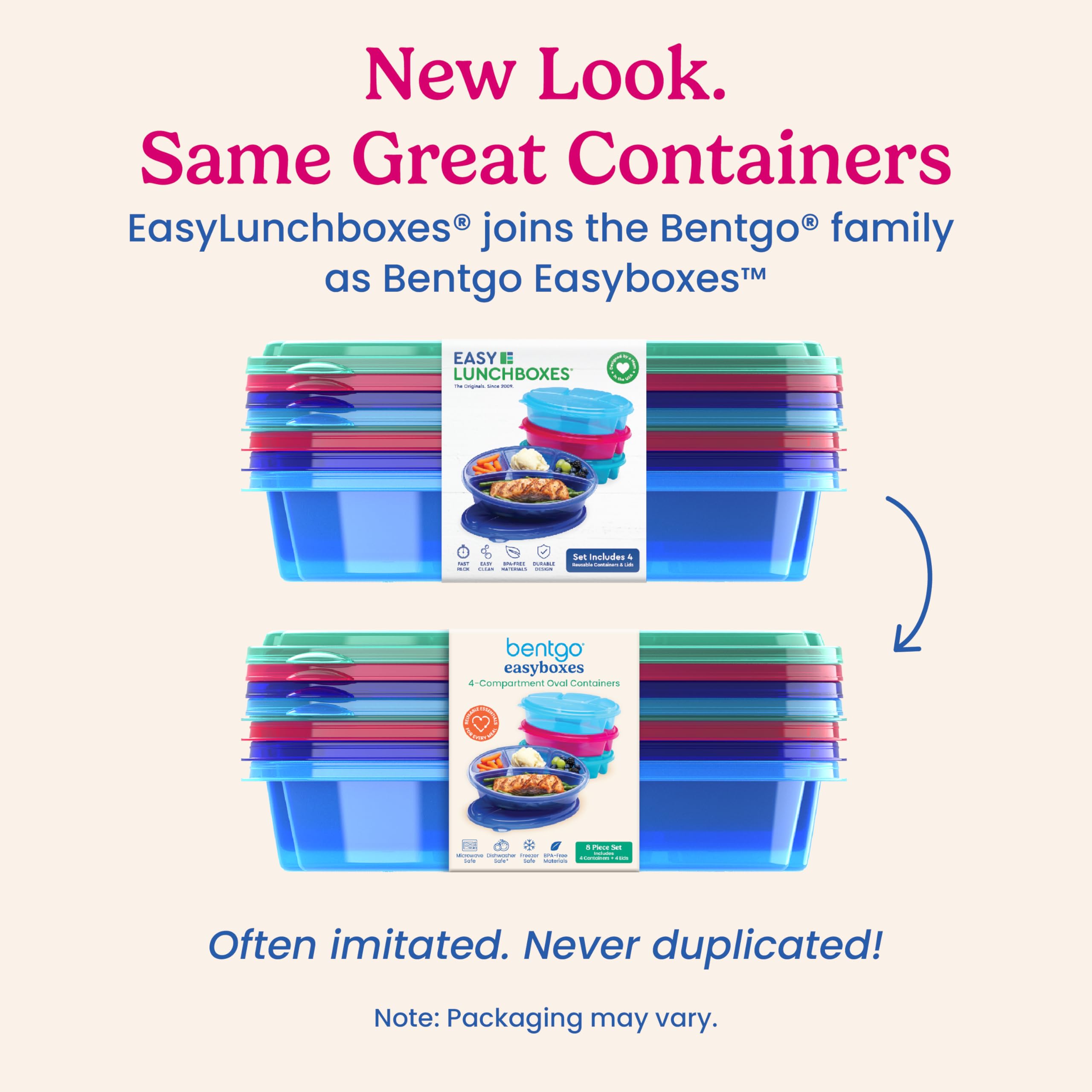 Bentgo Easyboxes 4-Compartment Oval Containers - Patented Design 8-Piece Set; 4 Trays & 4 Fitted Lids Seal In Freshness; Reusabl