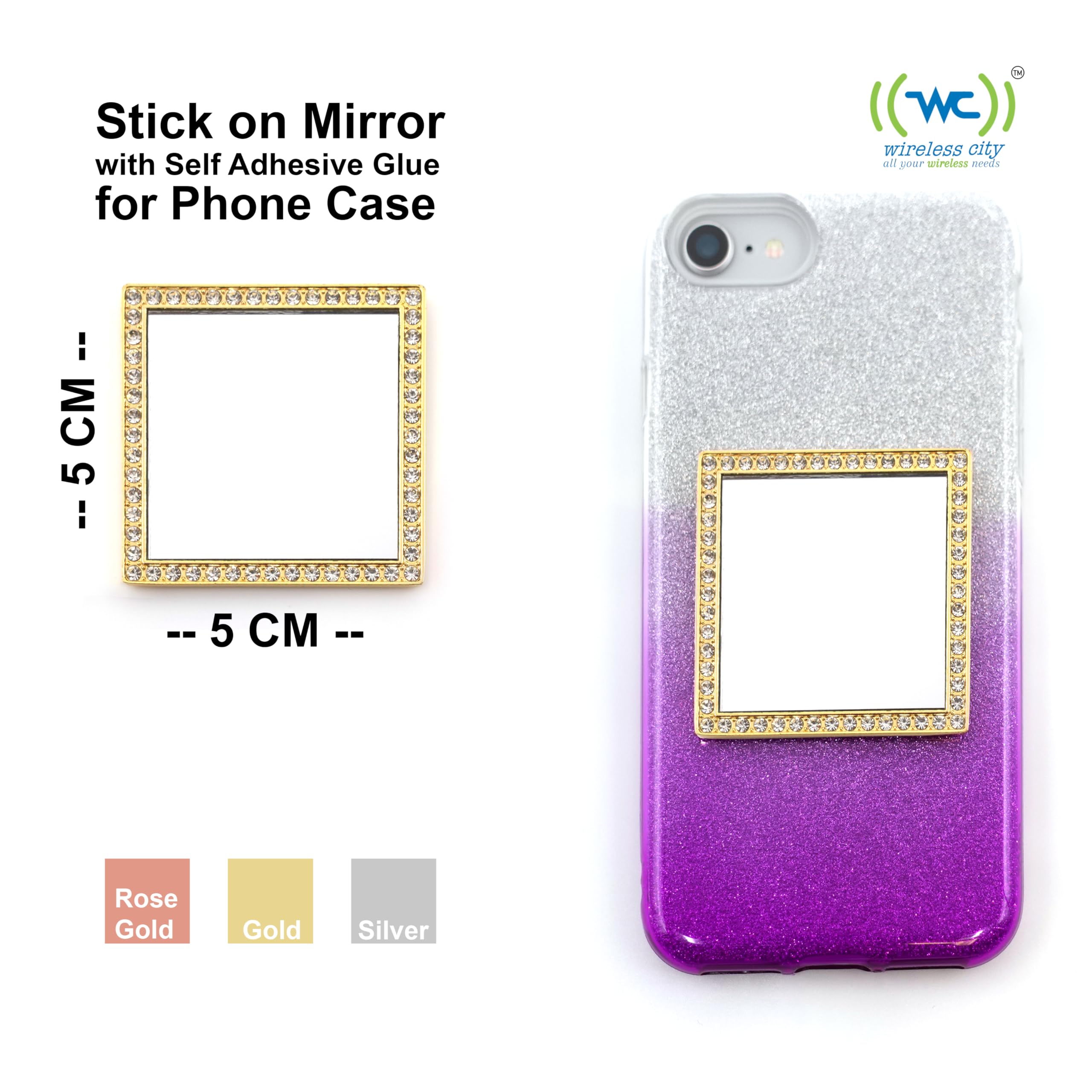 Wireless City Diamond Bling Makeup Mirror For Phone Case - Gold, Stick-On Vanity Mirror With Cubic Zirconia Stones, Universal Fi