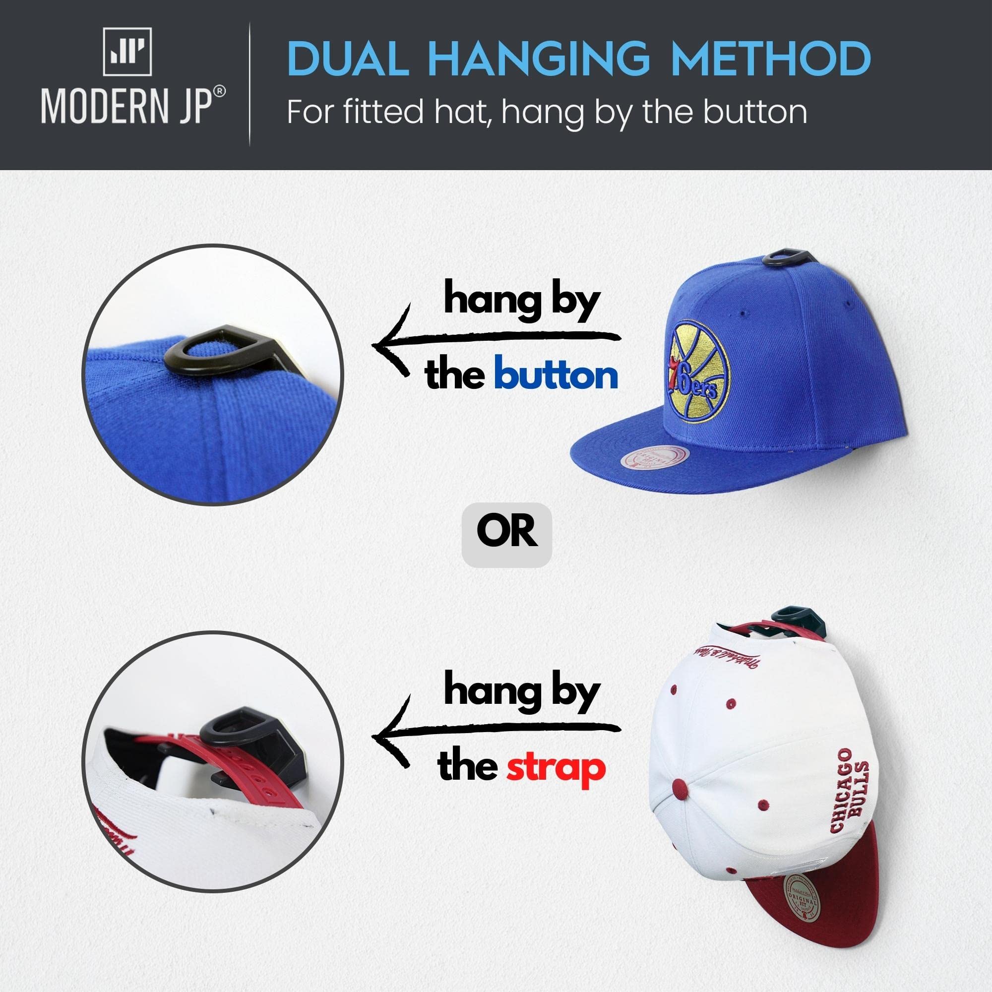 Modern Jp Adhesive Hat Hooks For Wall (8-Pack) - Hat Rack For Baseball Caps, Minimalist Hat Display, Strong Hold Hat Hangers For
