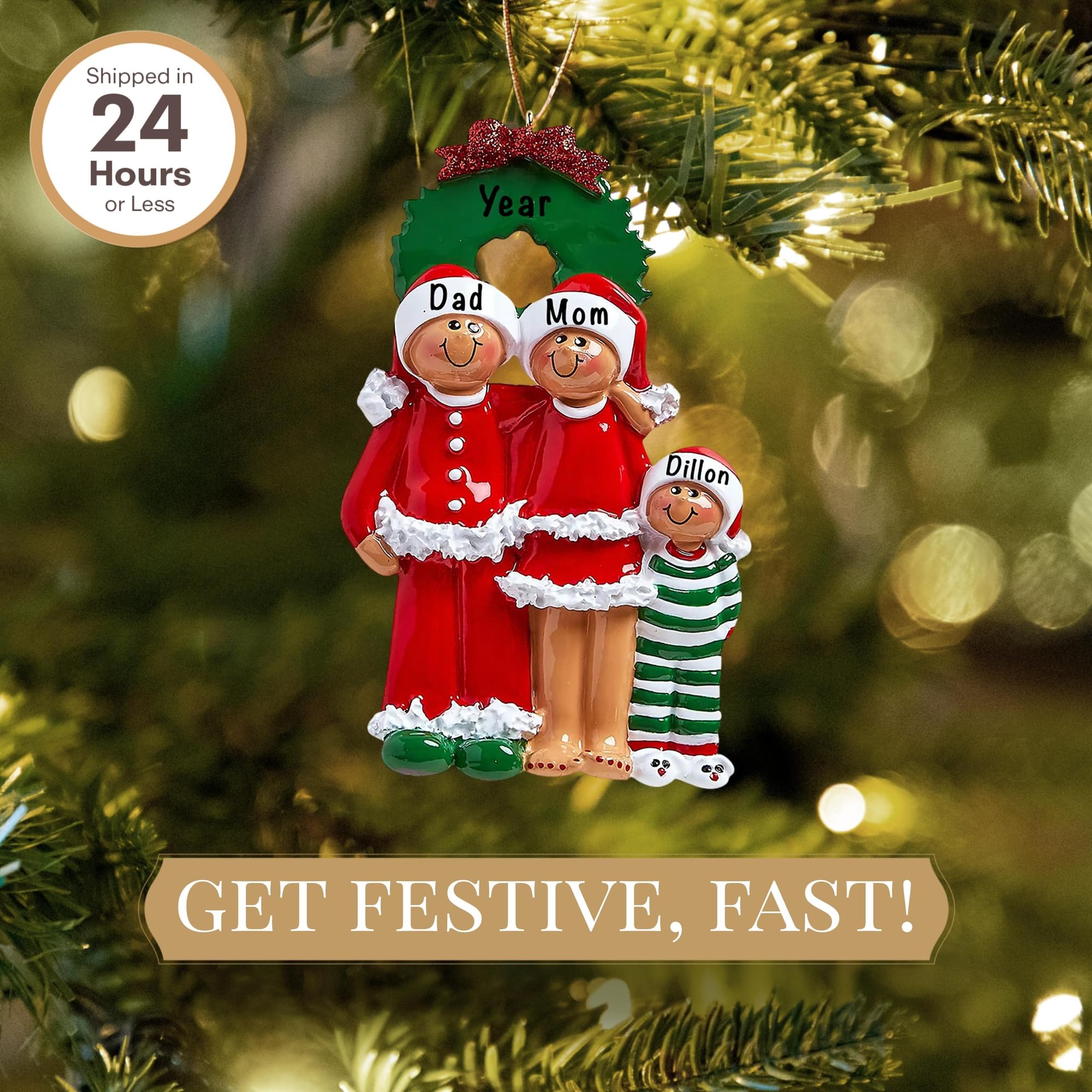 Personalized Family of 3 Ornament 2025 | Free 24h Customization | Ethnic Christmas Ornaments for Tree | Custom Gift Wrapped Sant
