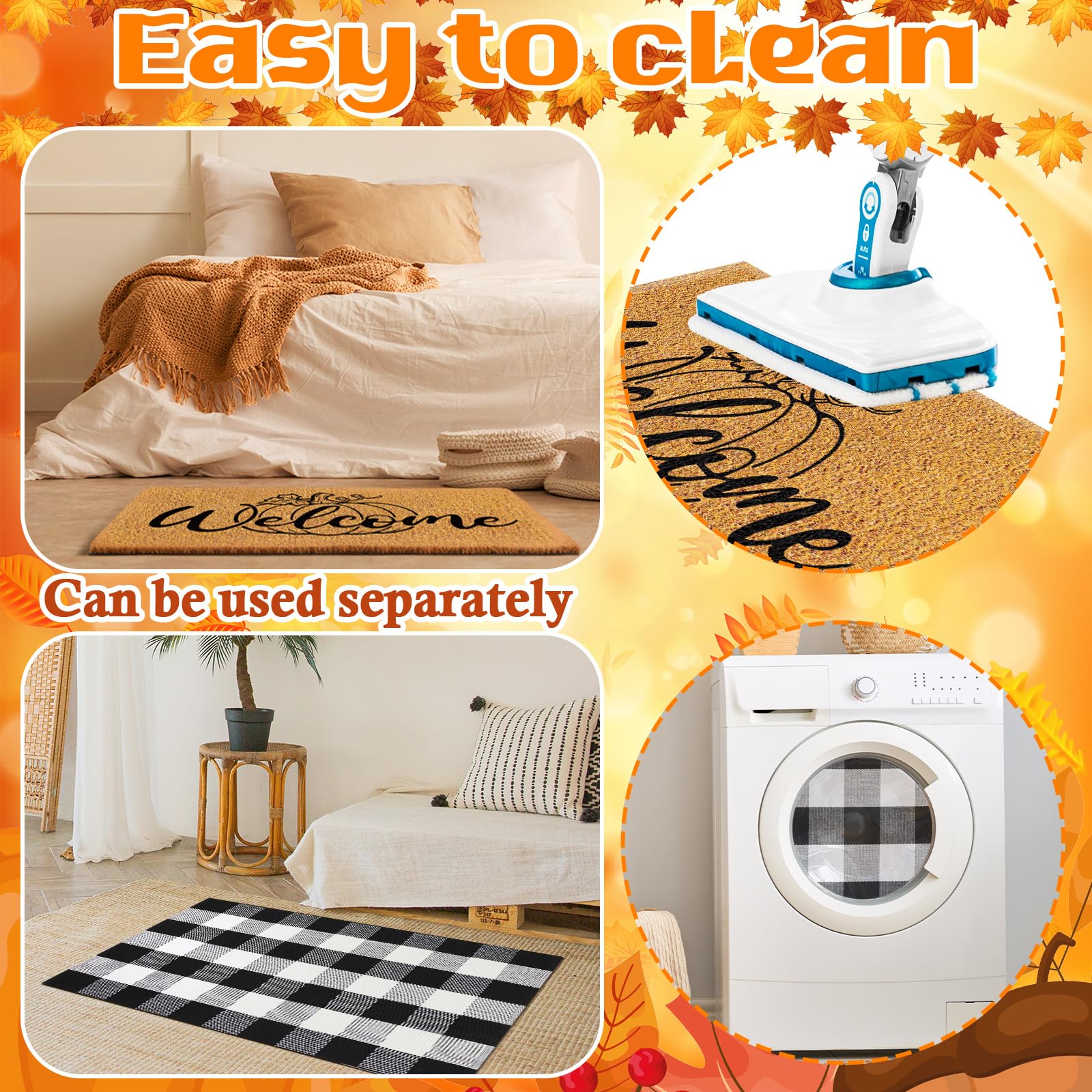 Duraaamo 2Pcs Thanksgiving Coir Door Mat Outdoor Pumpkin Welcome Doormat Fall Layered Buffalo Black and White Checkered Rug Outd