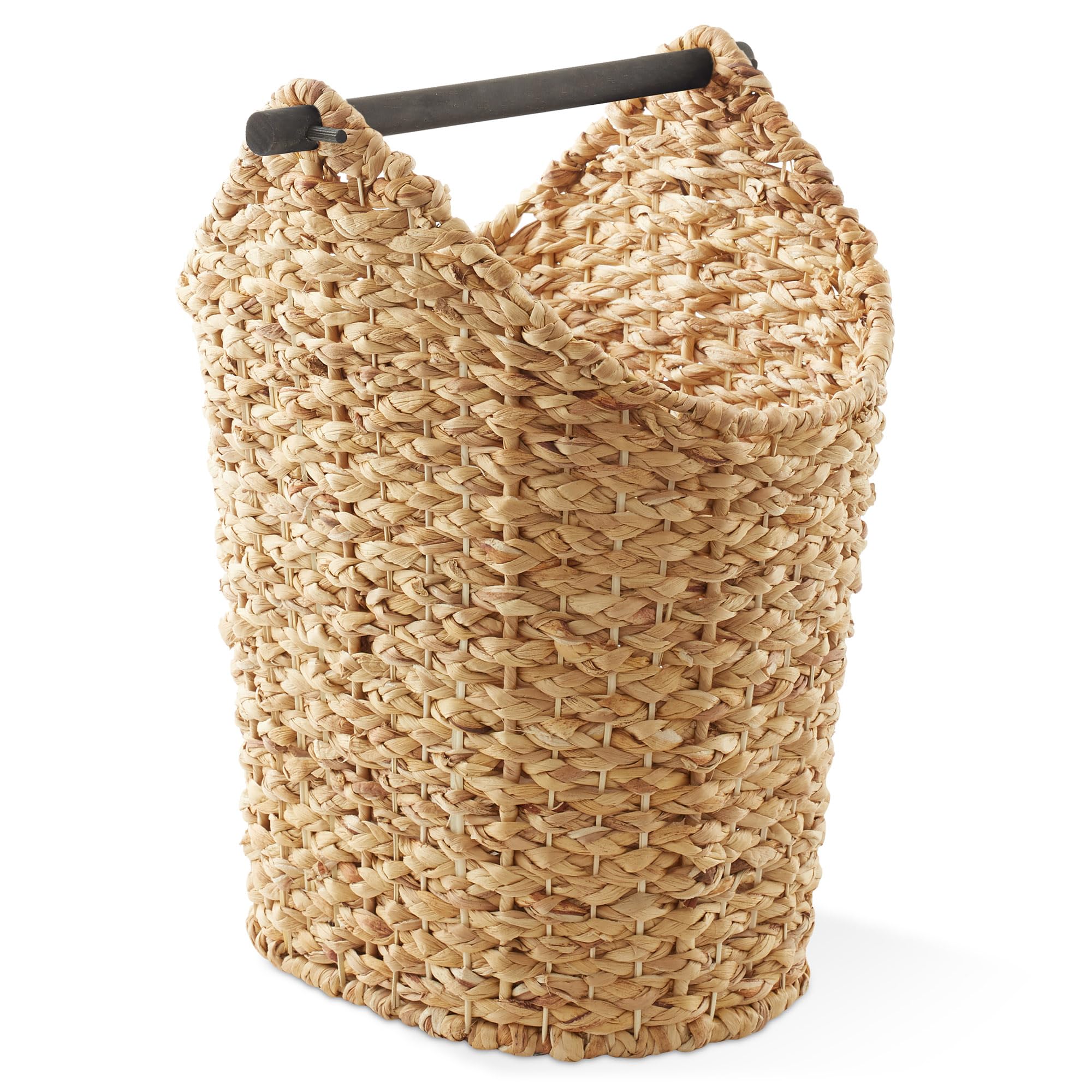 Casafield Toilet Paper Storage Basket with Wood Roll Holder Bar - Espresso, Braided Water Hyacinth Wicker Bathroom Tissue Storag