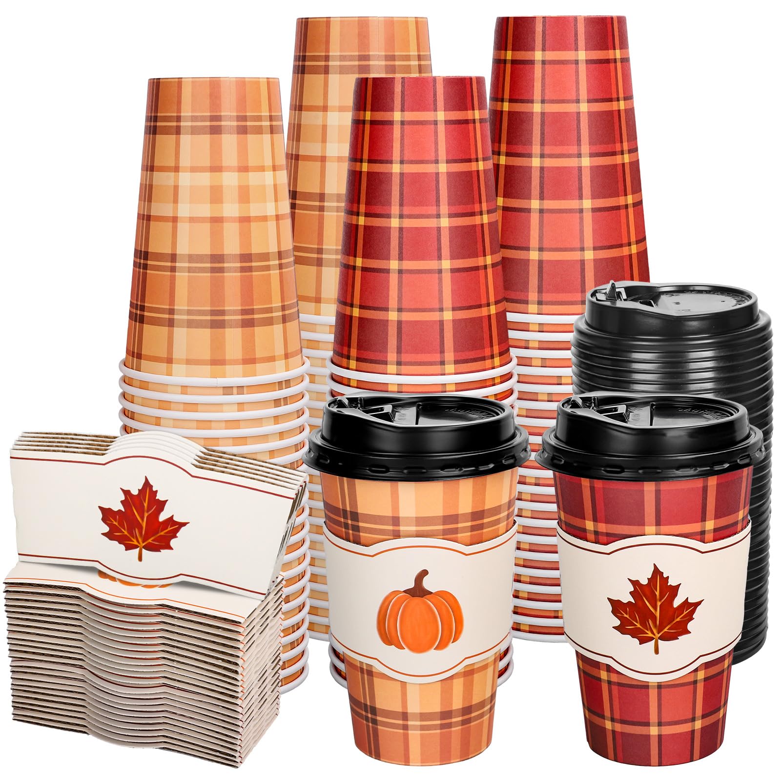 Whaline 50 Pcs Fall Thanksgiving Buffalo Plaid Disposable Coffee Cup with Lids and Sleeves Rustic Pumpkin Maple Leaf Paper Drink