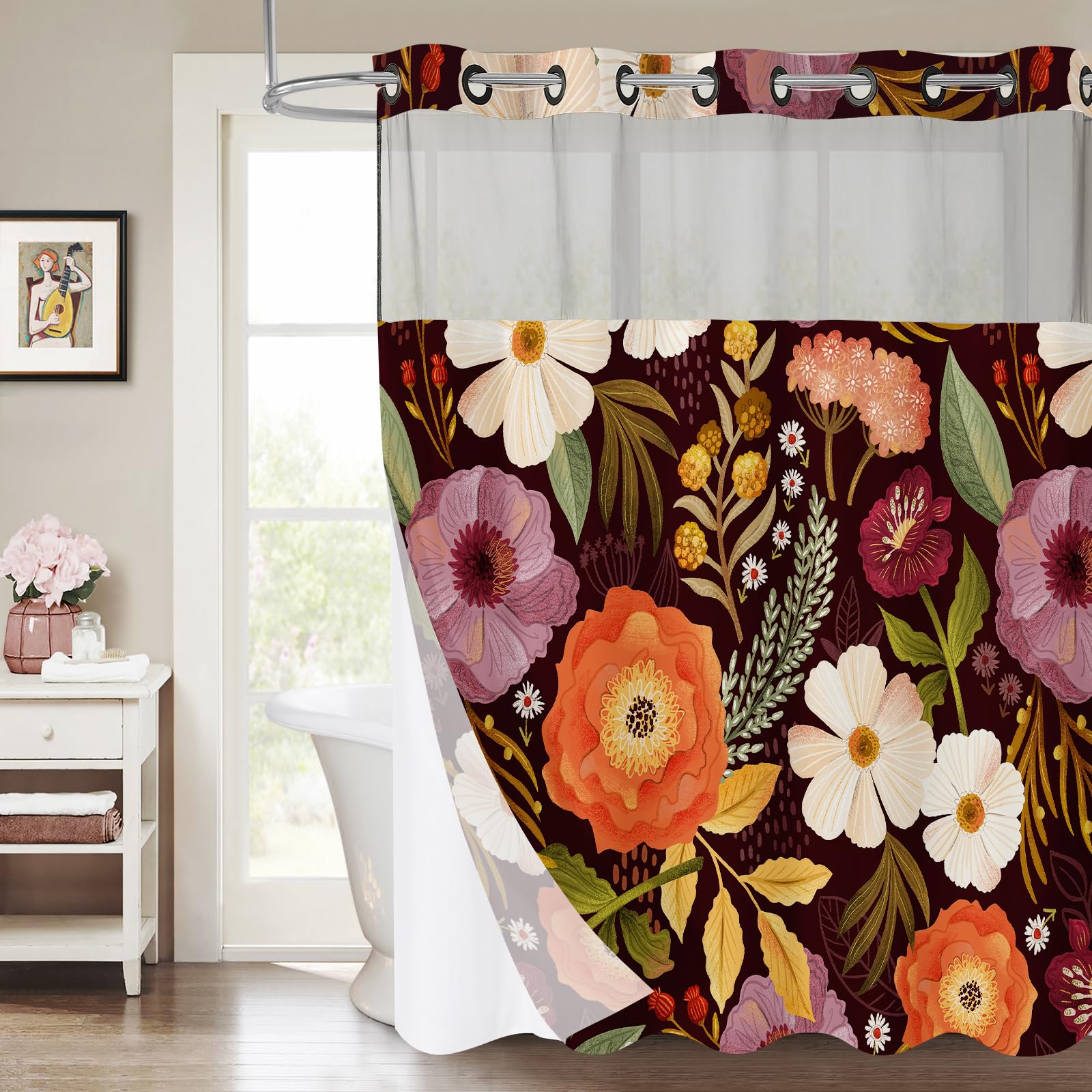 Mitovilla No Hooks Needed Boho Floral Shower Curtain Set With Snap-In Liner, Abstract Luxury Flower Fabric Cloth Shower Curtain