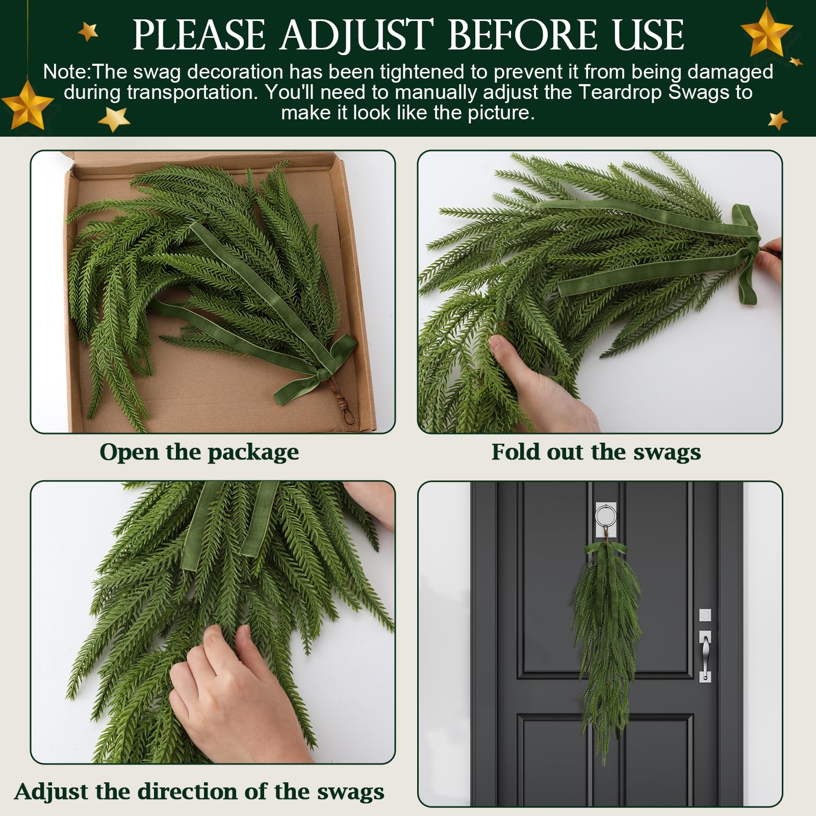 Shihanee 4 Pack 24 Inch Christmas Teardrop Swags with Rustic Velvet Ribbon Bow Artificial Realistic Norfolk Pine Greenery Swag f