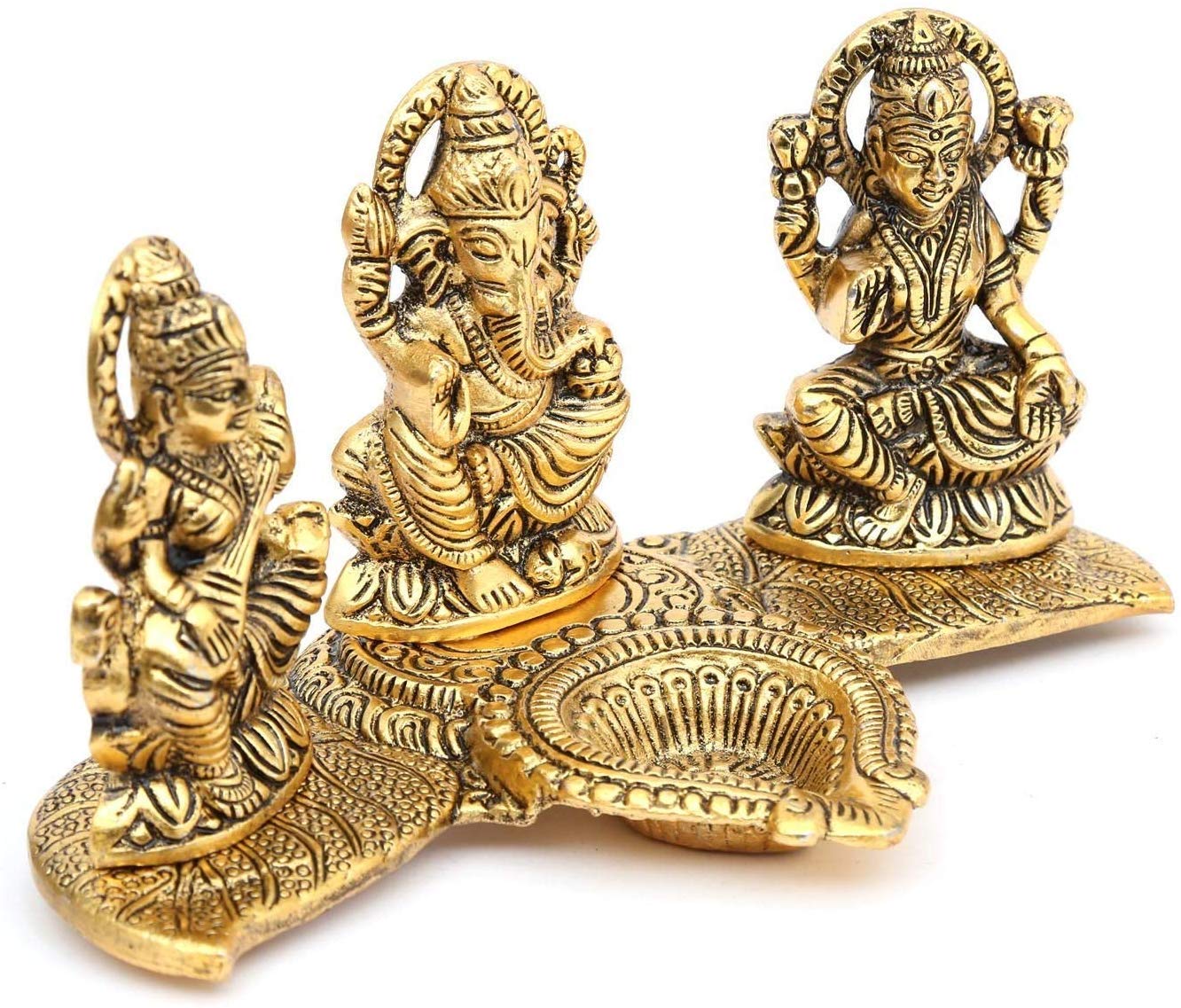CHHARIYA CRAFTS Laxmi Ganesha Saraswati with Diya On Leaf Statue Idol Murti for Home and Office in Metal Decorative Showpiece -