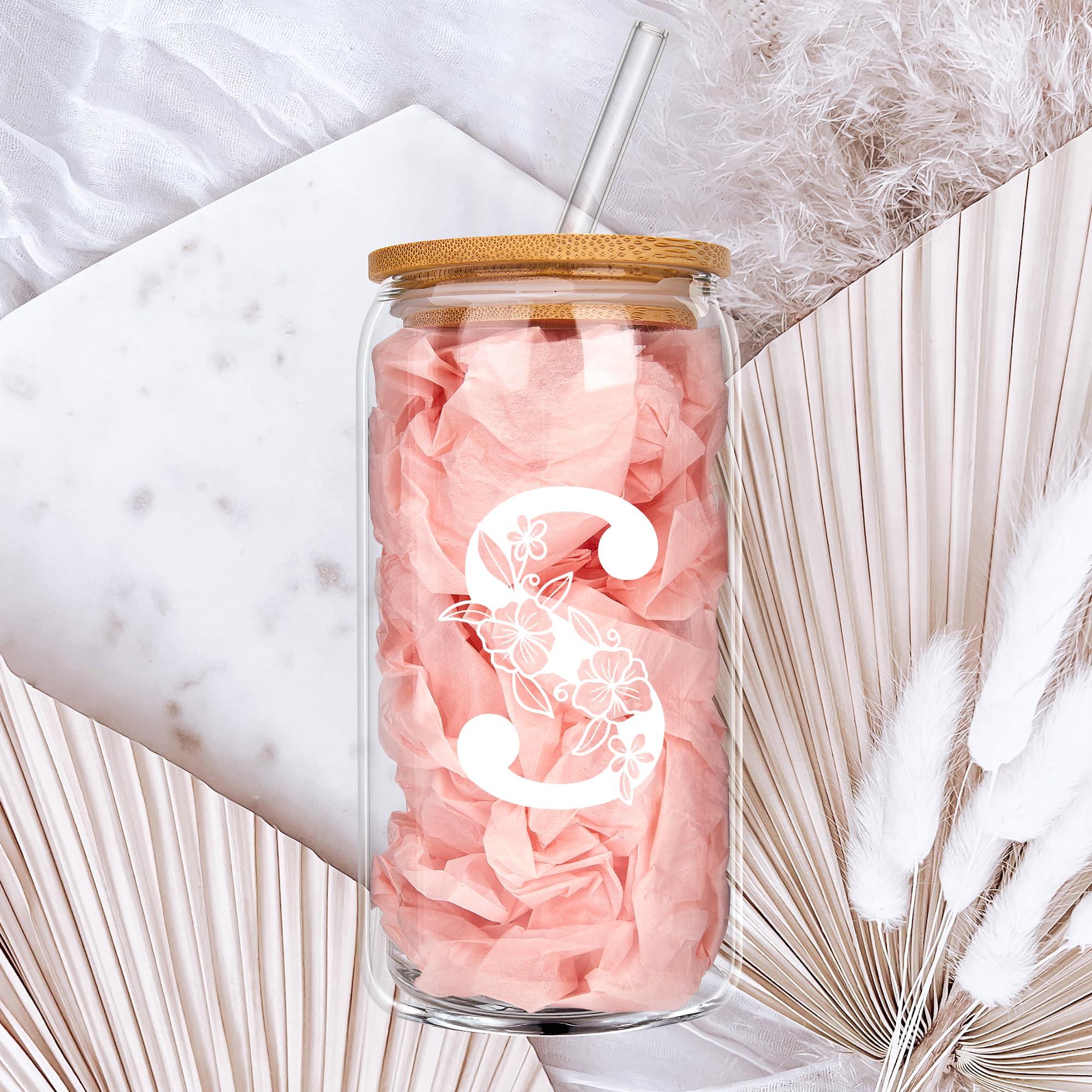 Personalized Tumbler, Monogrammed Can Glass Cups With Bamboo Lids And Straws, Customized Gifts For Women, Cute Design Initial Ic