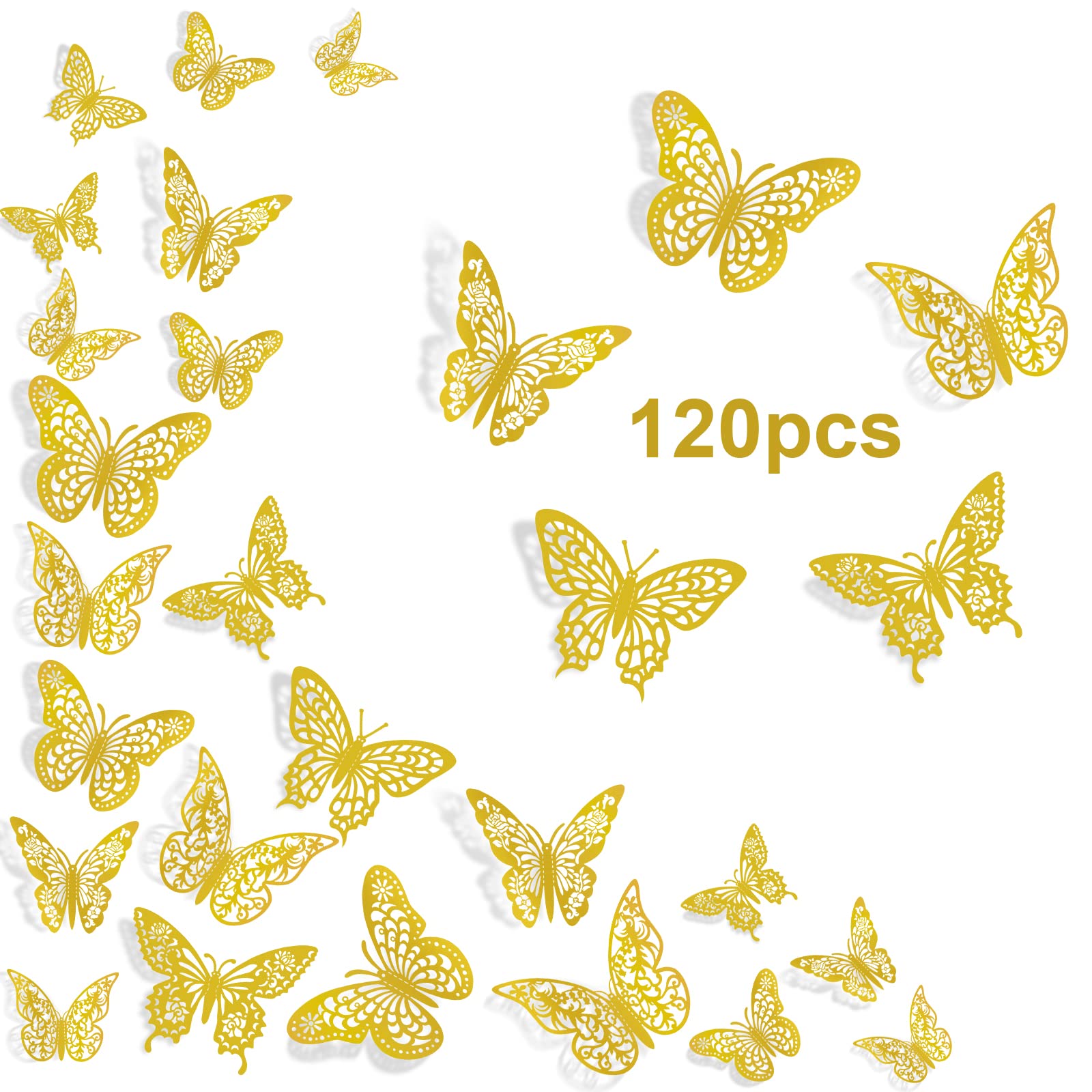 Insuwood 120Pcs 3D Butterfly Wall Decor, Gold Butterfly Decorations 5 Styles 3 Sizes, Butterfly Party Birthday Cake Decorations,