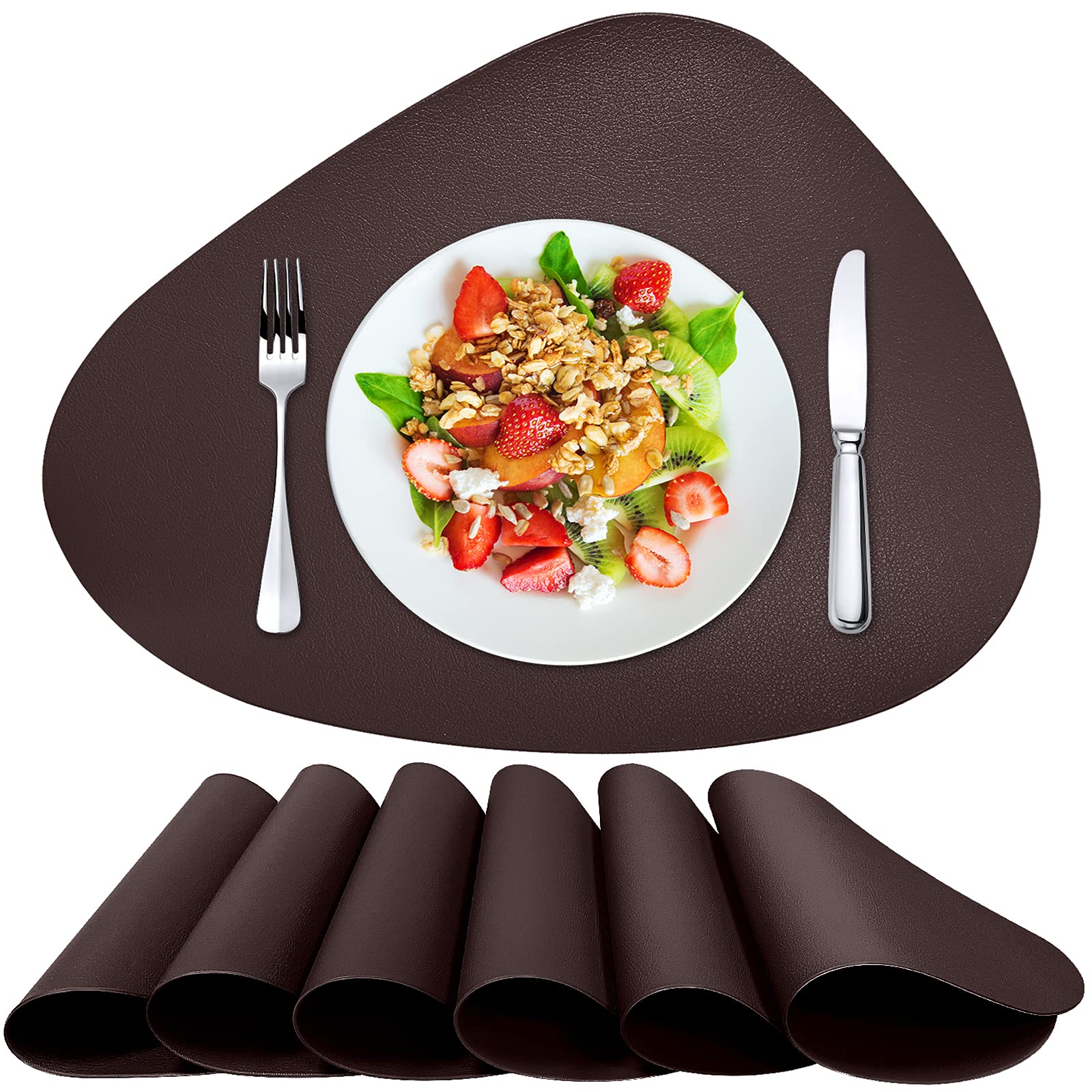 Herda Brown Placemats Set Of 6 Round Faux Leather Non-Slip Place Mats Wipeable Washable Placemats Heat Resist Placemats For Roun