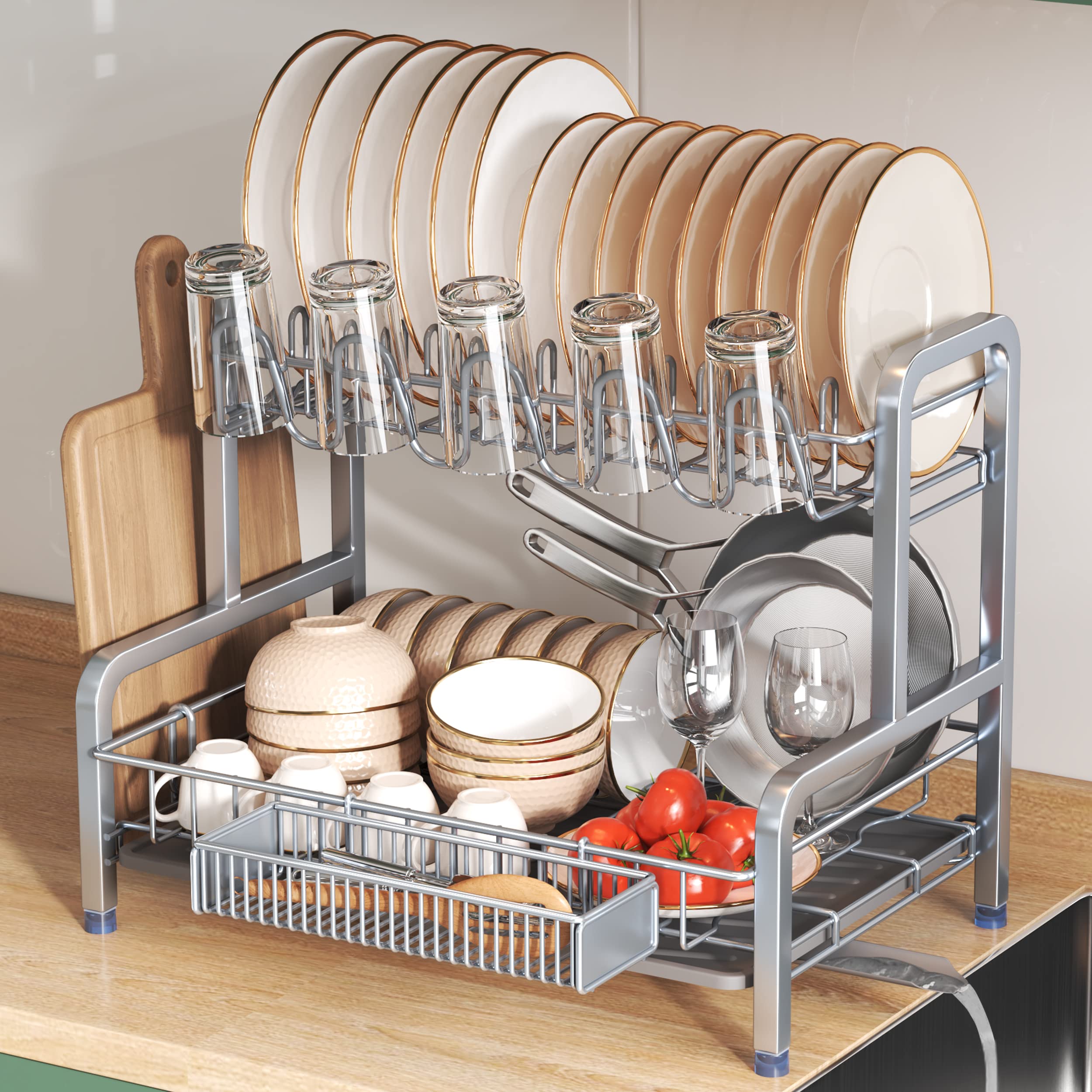 Boosiny 2 Tier Dish Drying Rack And Drainboard Set, Large Stainless Steel Dish Drainers For Kitchen Counter, Dish Strainer Shelf