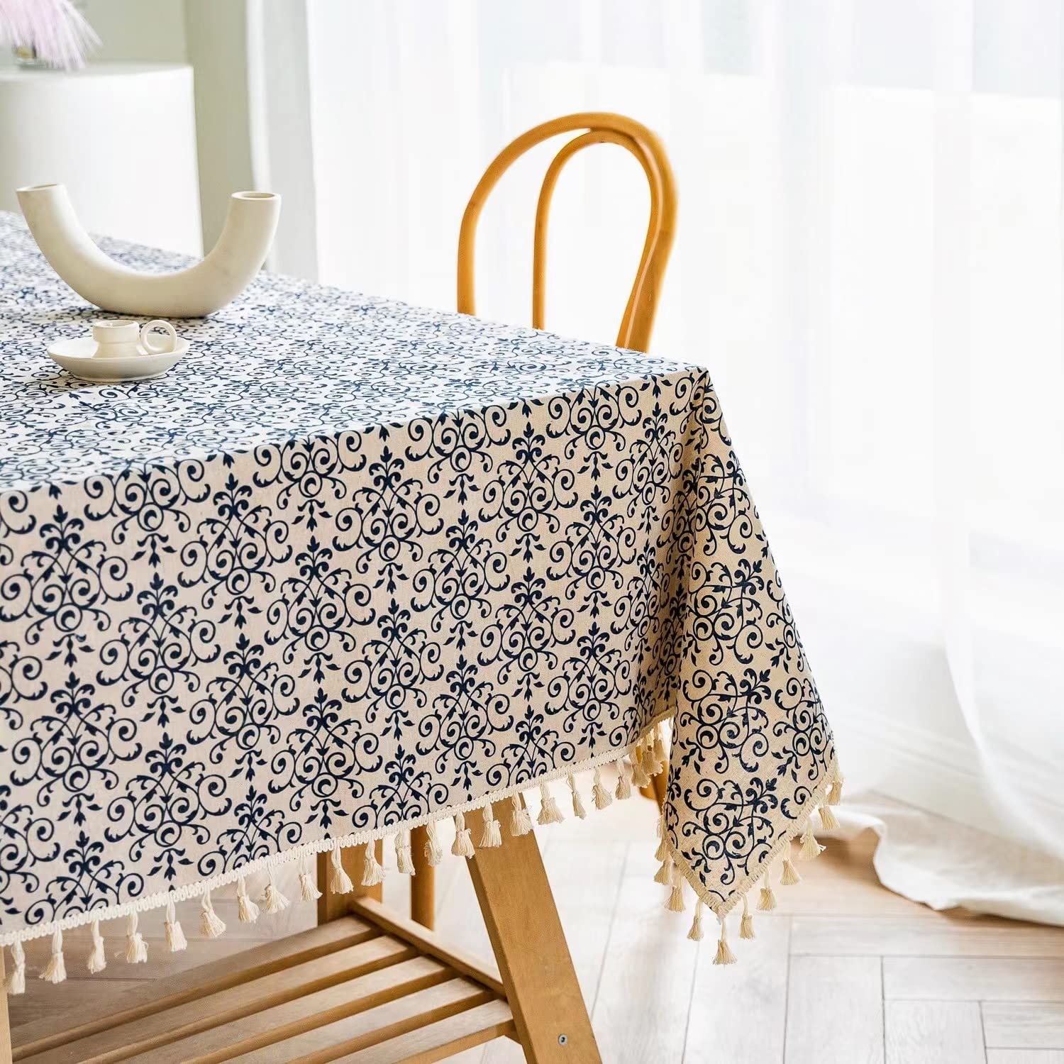 Yuurain Vuvu Blue And White Porcelain Pattern Cotton Linen Fabric, Stitching Tassel Rectangle Tablecloth For Kitchen | Dining |