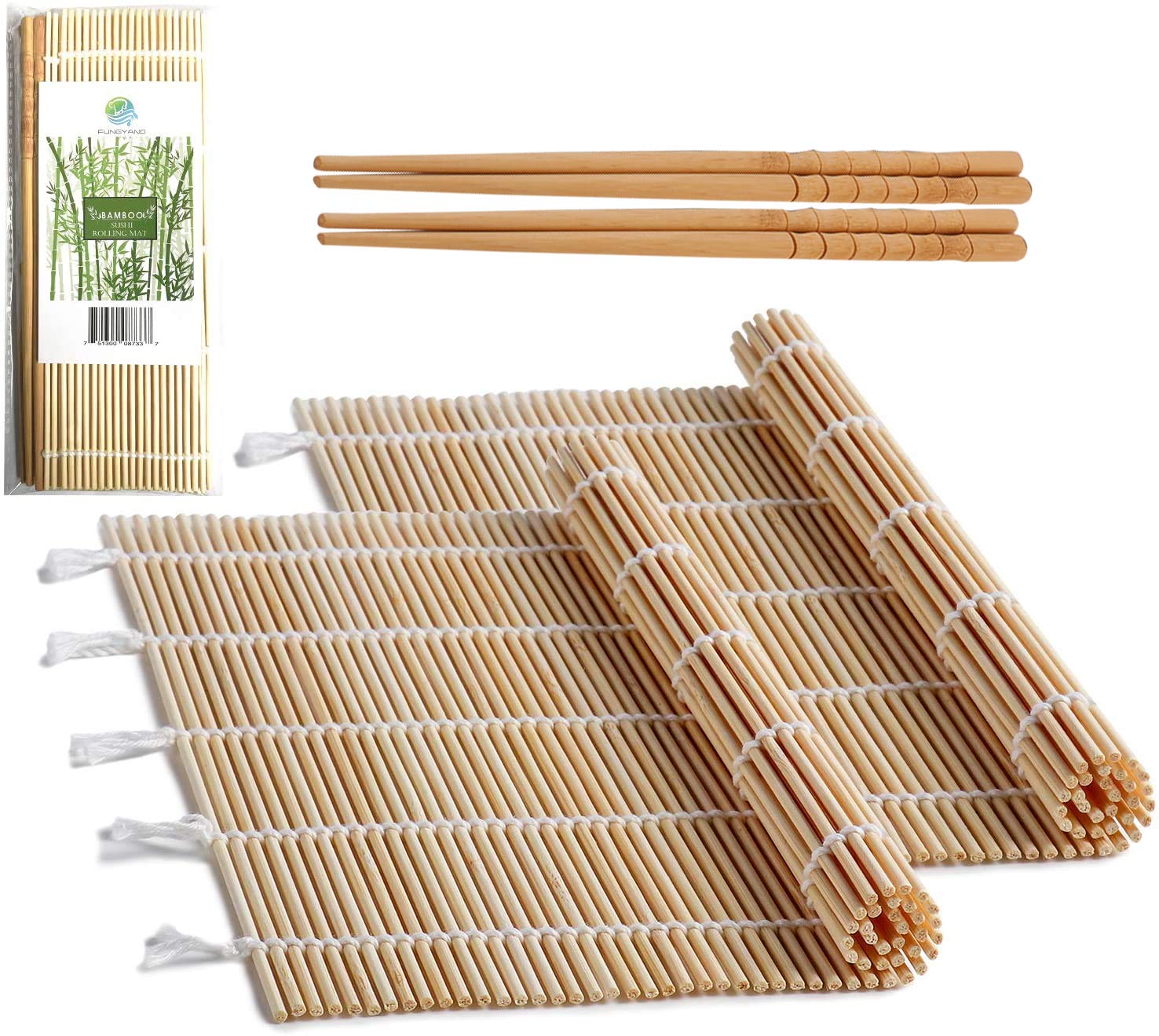 Fungyand Bamboo Sushi Rolling Mat With 2 Pairs Of Chopsticks Natural Bamboo 9.5''X9.5'' 2 Pcs Sushi Making Kit