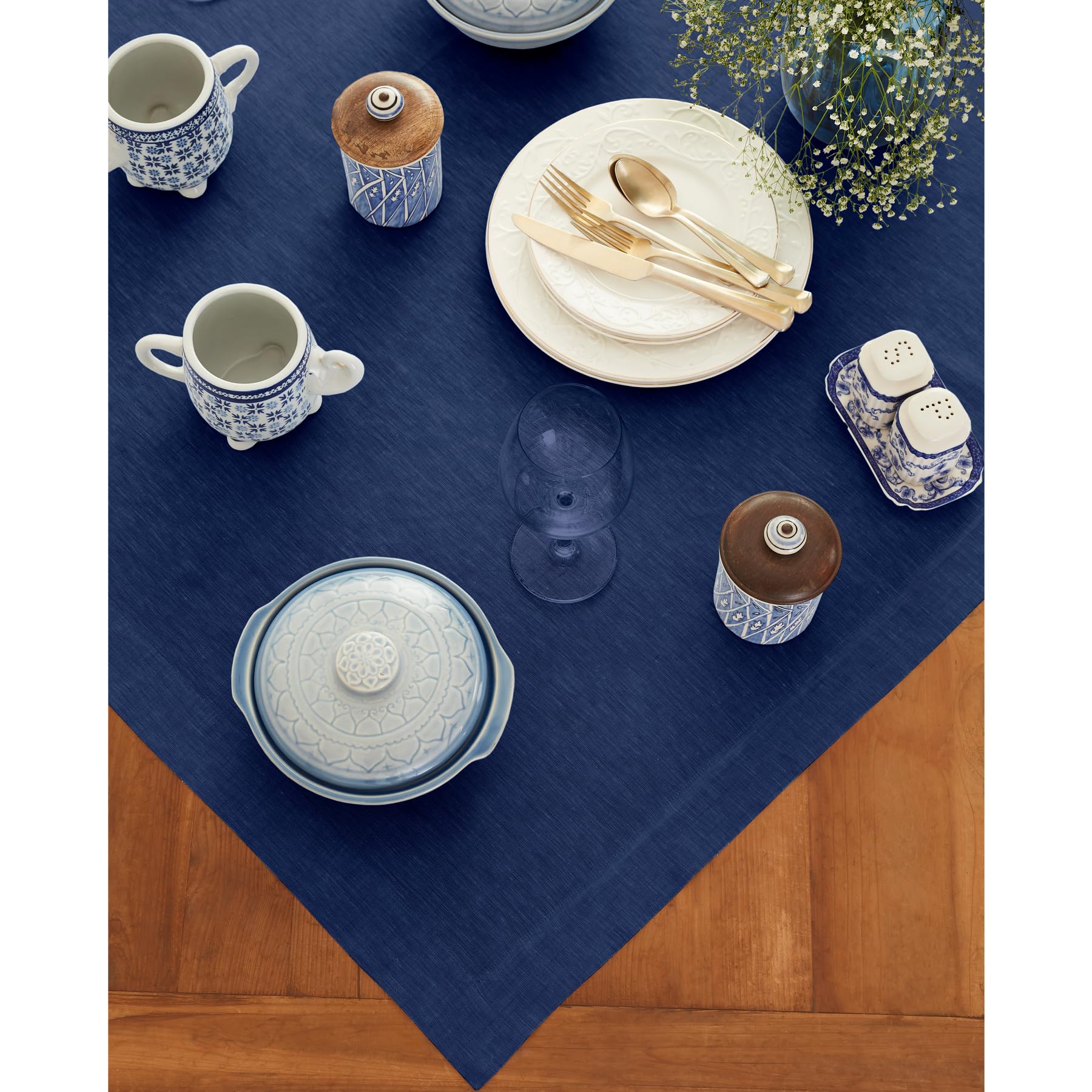 Solino Home Linen Tablecloth 52 X 52 Inch - Royal Blue 100% Pure Linen Table Throw - Handcrafted And Machine Washable - Athena