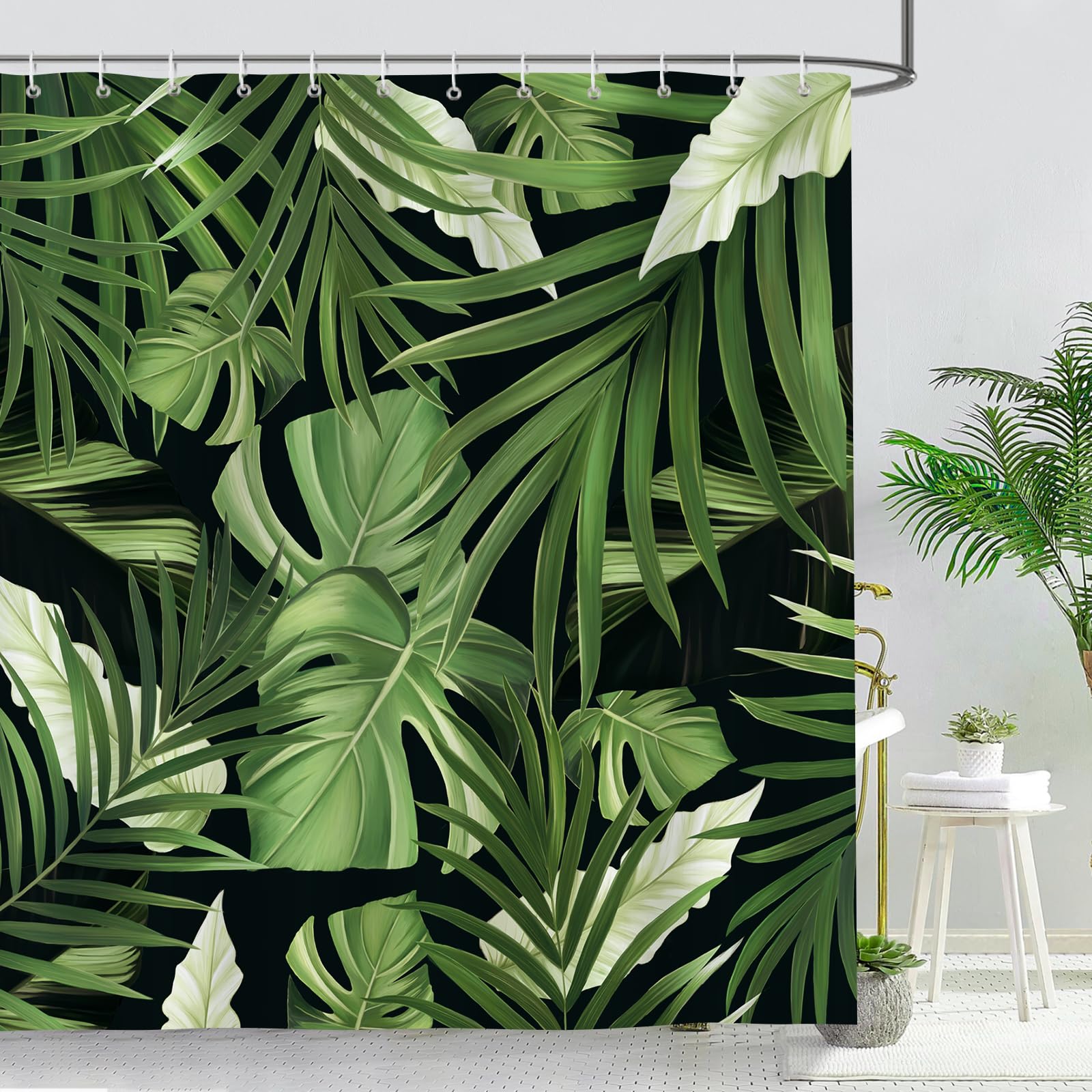 Bonhause Tropical Leaves Shower Curtain, Jungle Nature Theme Dark Green Palm Leaf Monstera Plant Bathroom Curtain 72X72 Inch Pol