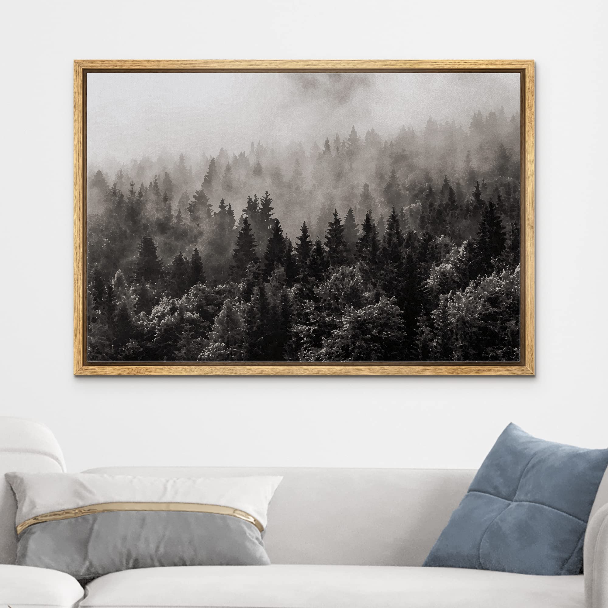 Wall26 Framed Canvas Wall Art - Misty Forest In Black And White - Gallery Wrap Modern Home Art | Ready To Hang - 16''X24'' Natur