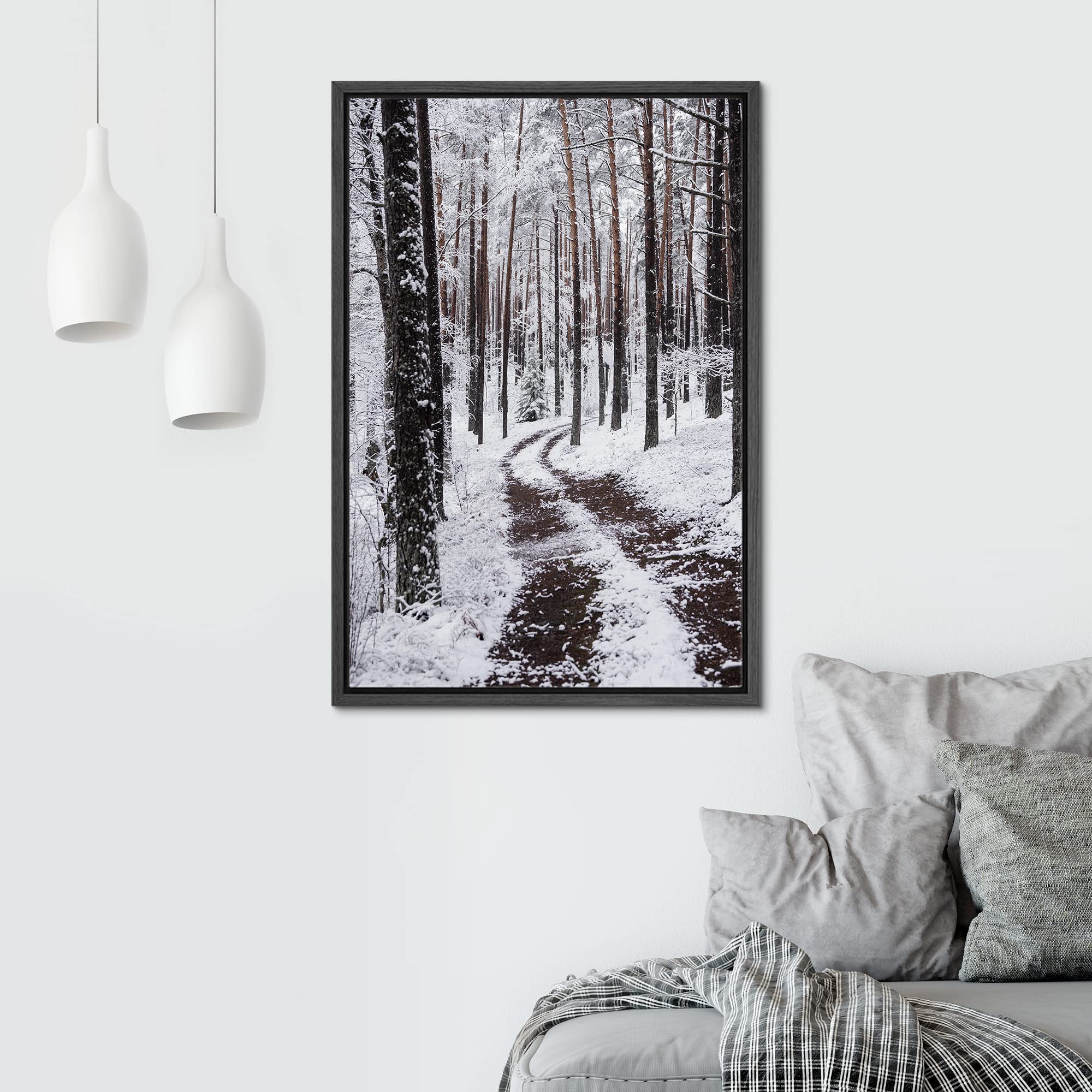 Signwin Framed Canvas Wall Art Winter Trees Cool Dramatic Forest Multicolor Nature Photography Rustic - 16''X24'' Black