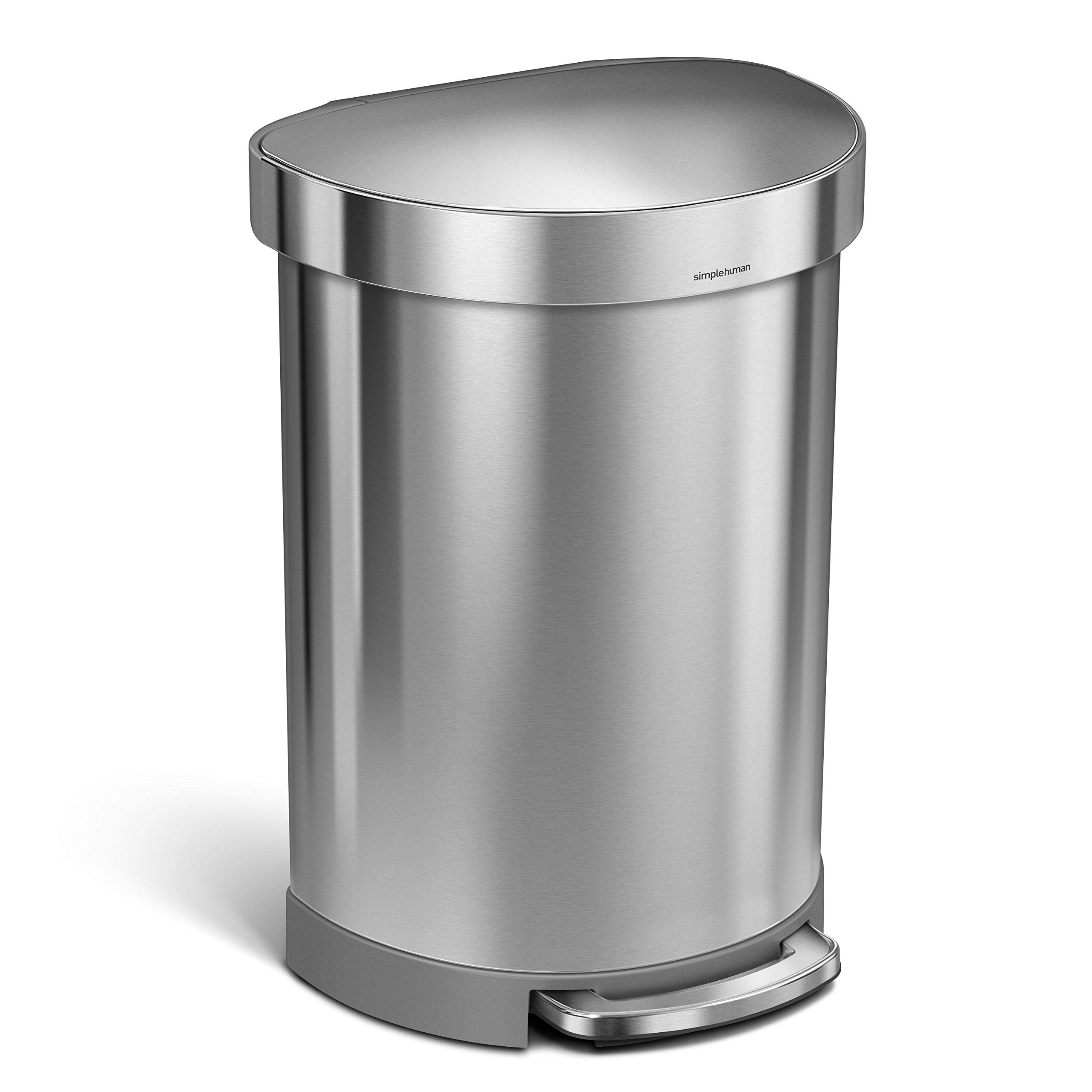 Simplehuman 60 Liter Semi-Round Hands-Free Kitchen Step Stainless Steel Trash Can With Soft-Close Lid, Brushed