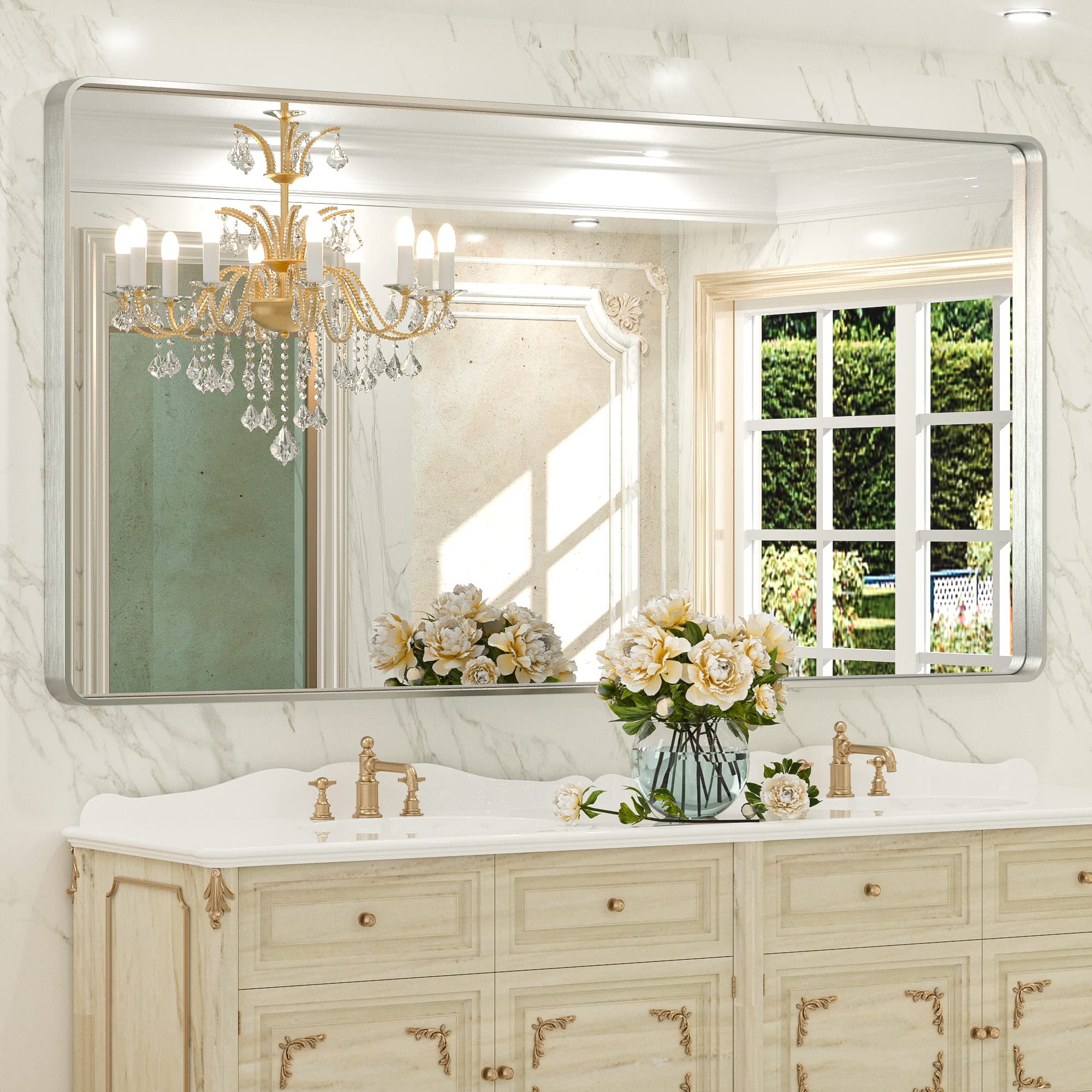 Tetote 60 X 30 Inch Silver Vanity Mirror, Brushed Nickel Rectangle Metal Framed Modern Mirrors For Bathroom, Farmhouse Round Cor